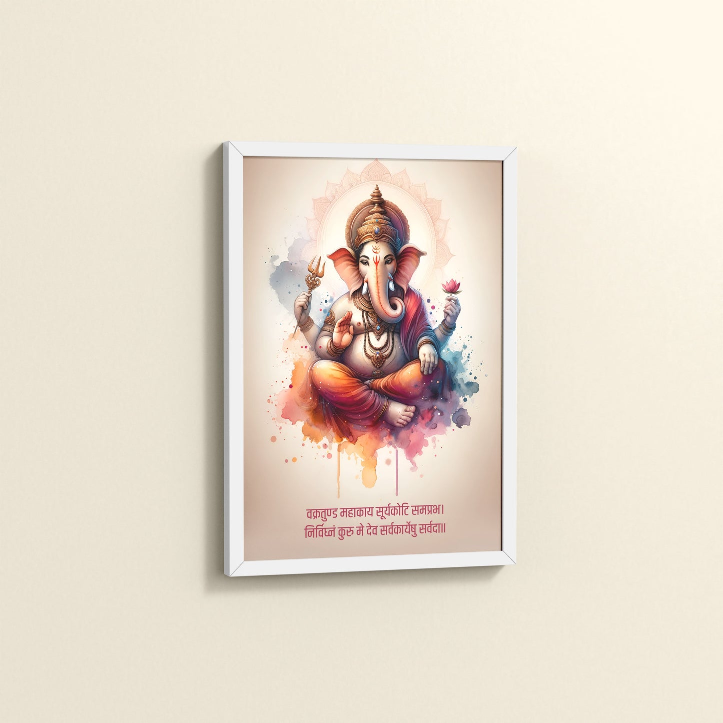 Side View Ganesh Wall Frame with Mantra – Vakratunda Mahakaya in White Frame