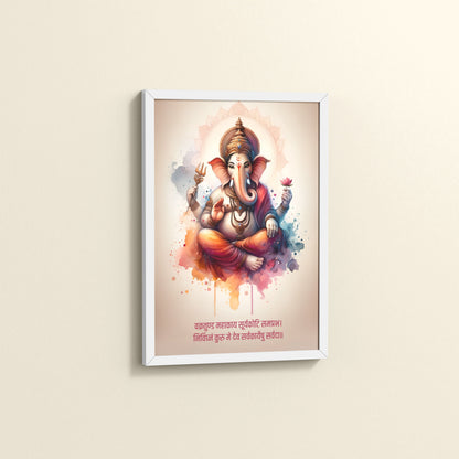 Side View Ganesh Wall Frame with Mantra – Vakratunda Mahakaya in White Frame