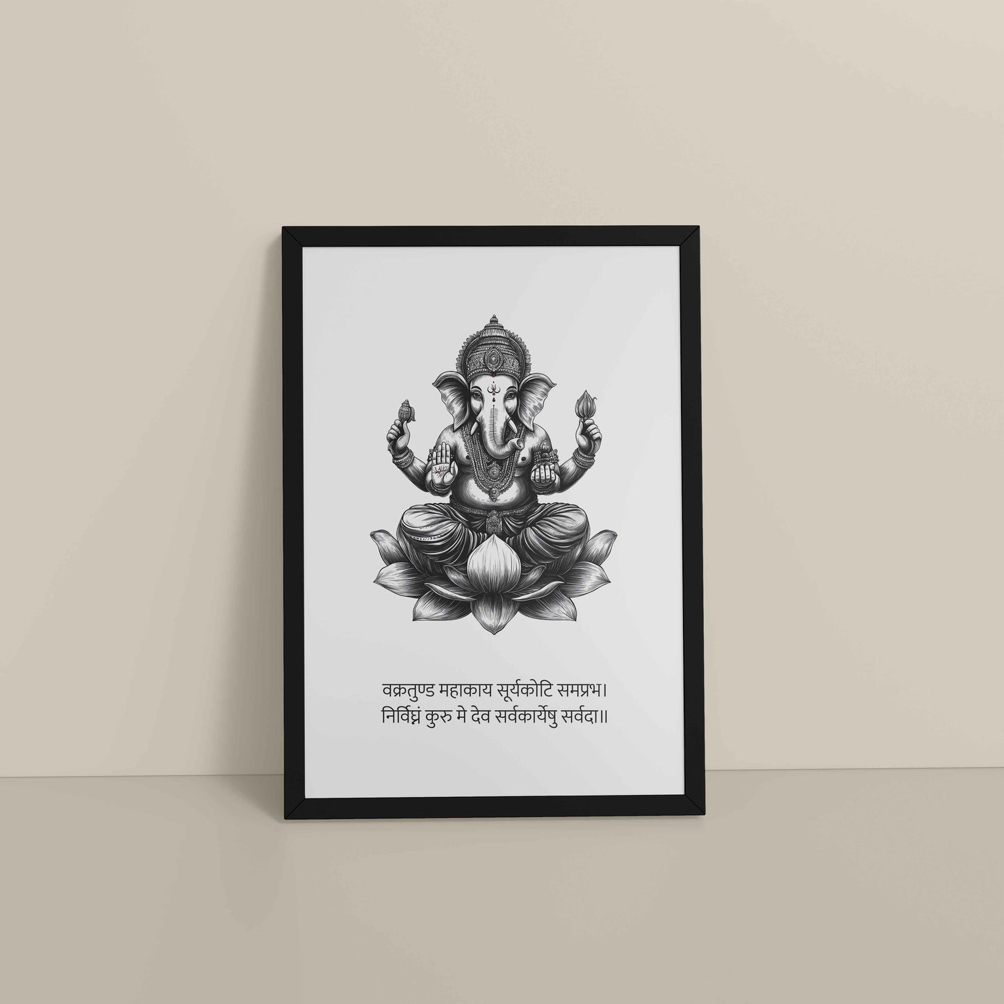 Floor View of Divine Ganesha in Black & White – Sacred Wall Decor in Black Color Frame