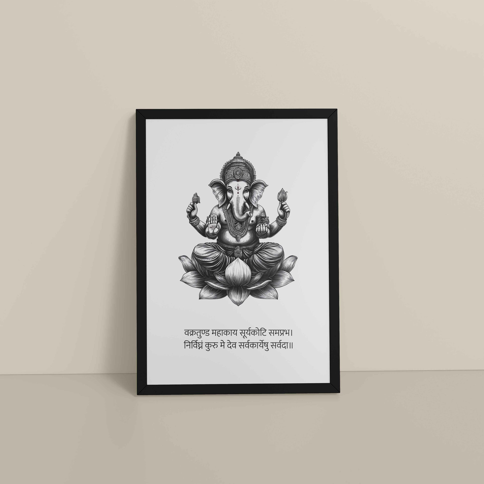 Floor View of Divine Ganesha in Black & White – Sacred Wall Decor in Black Color Frame