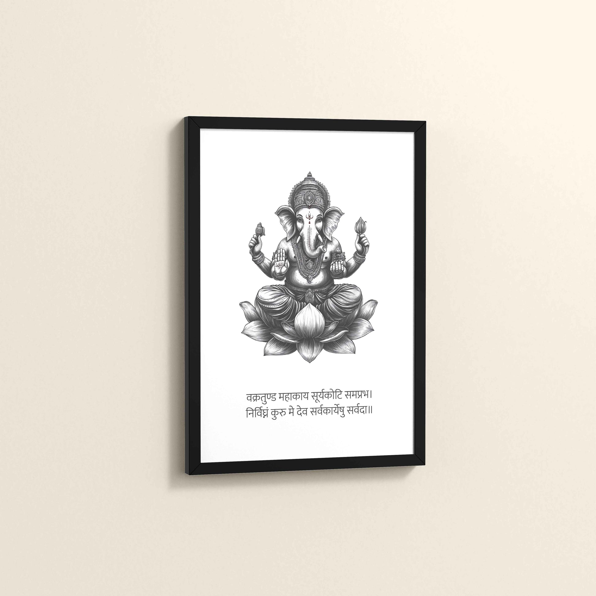 Side View of Divine Ganesha in Black & White – Sacred Wall Decor in Black Color Frame
