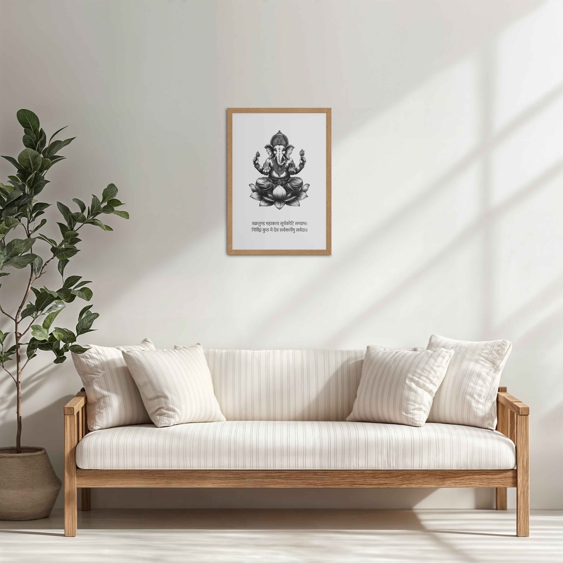 Living Room Cabinet Table Preview of Divine Ganesha in Black & White – Sacred Wall Decor in Natrual Color Frame