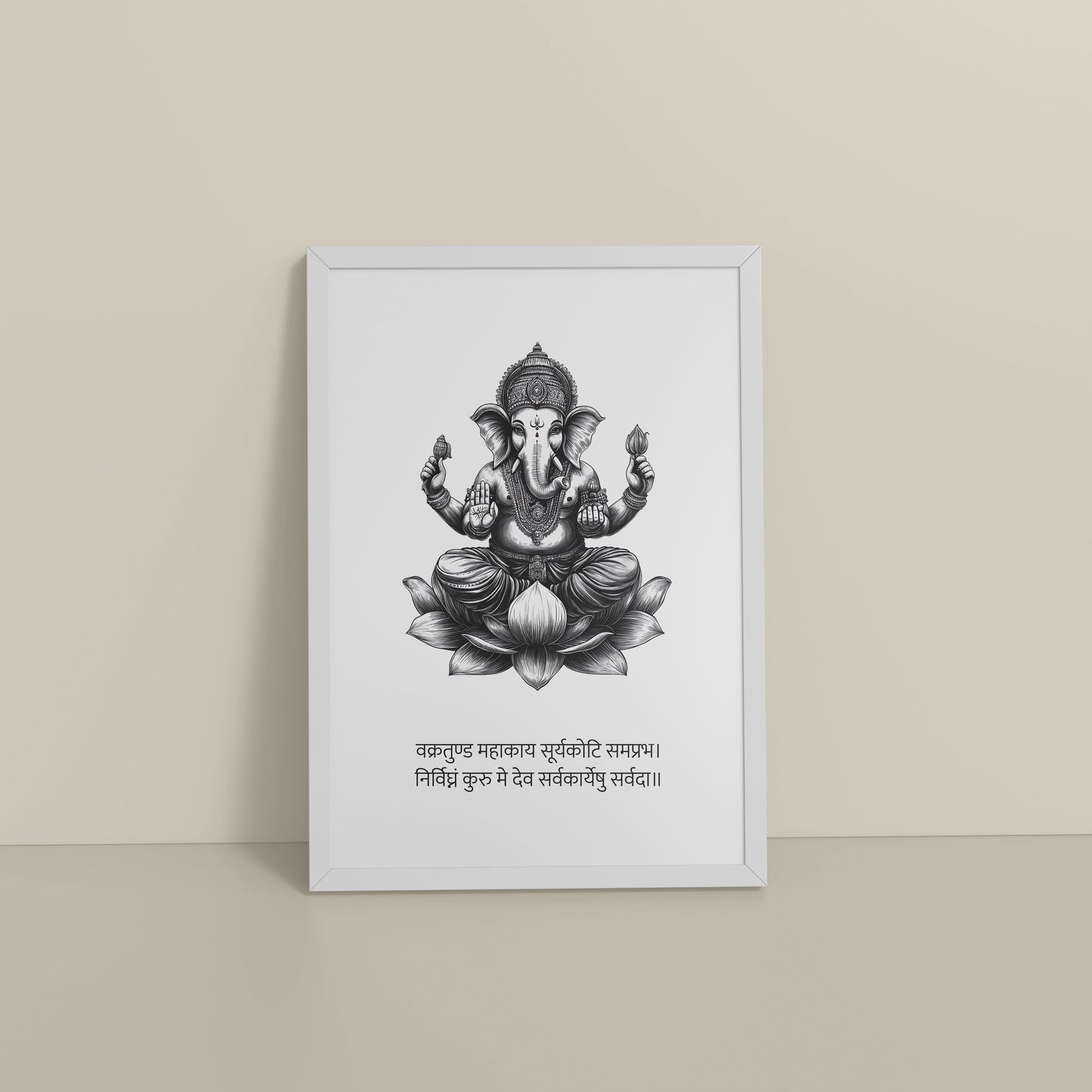 Floor View of Divine Ganesha in Black & White – Sacred Wall Decor in White Color Frame
