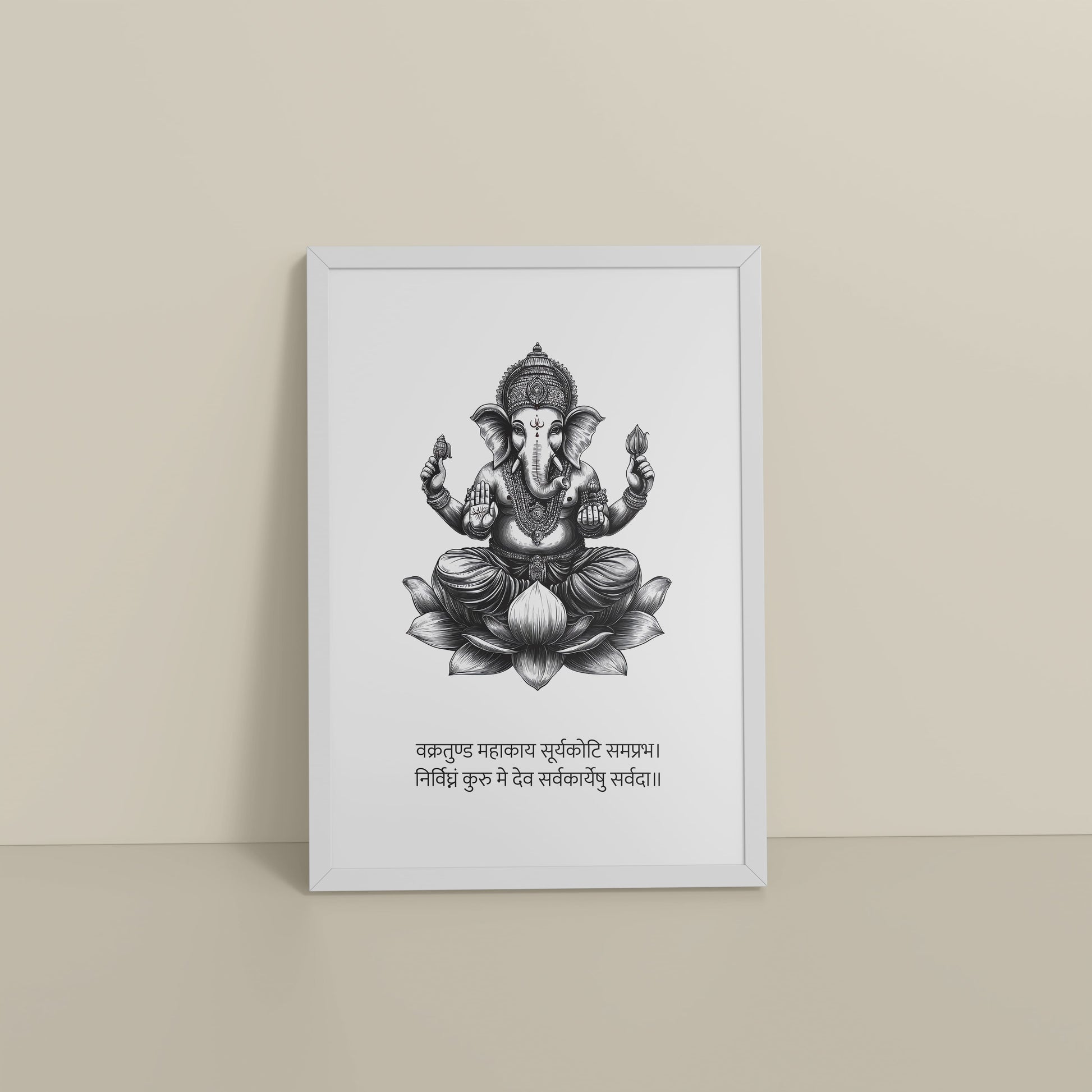 Floor View of Divine Ganesha in Black & White – Sacred Wall Decor in White Color Frame