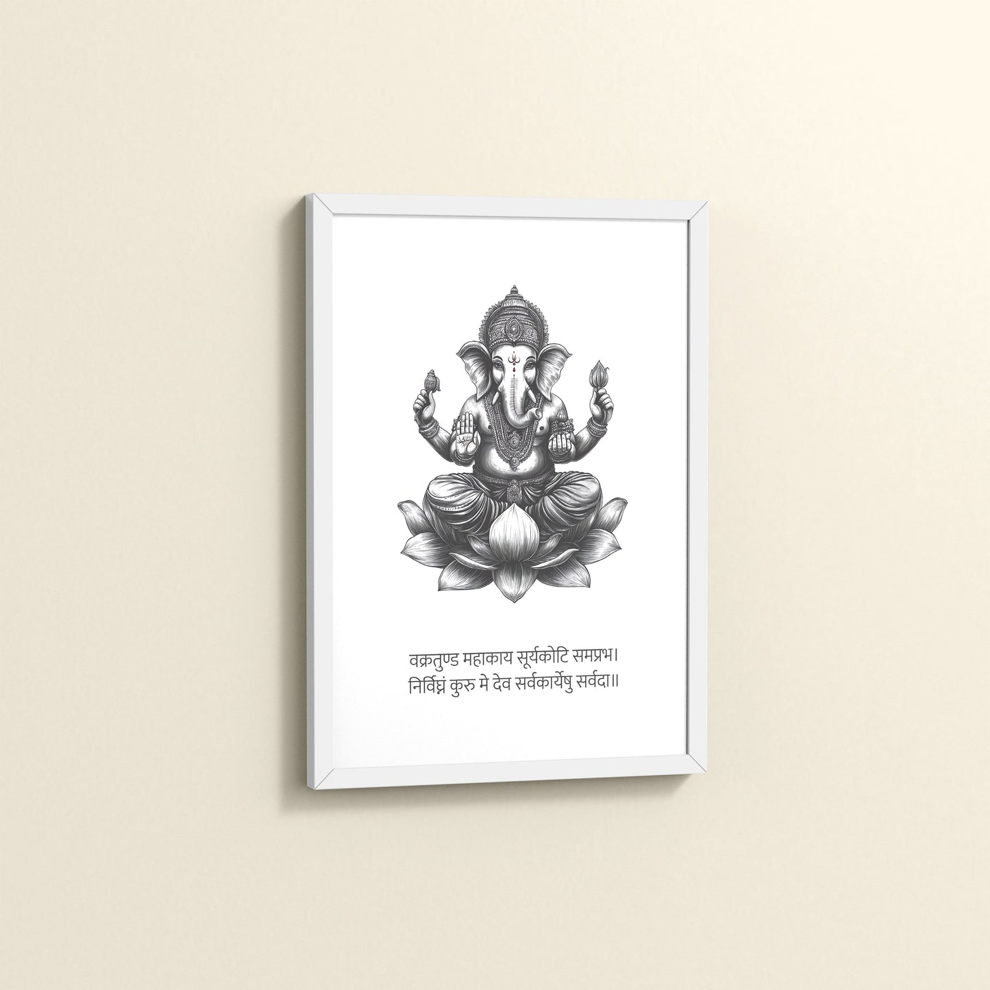Side View of Divine Ganesha in Black & White – Sacred Wall Decor in White Color Frame