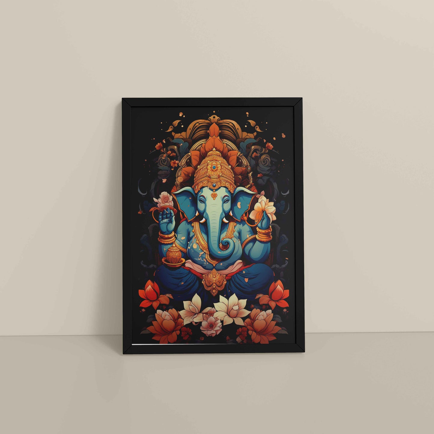 Floor View of Vighnaharta Lord Ganesha Wall Frame – Spiritual Decor in Black Color Frame