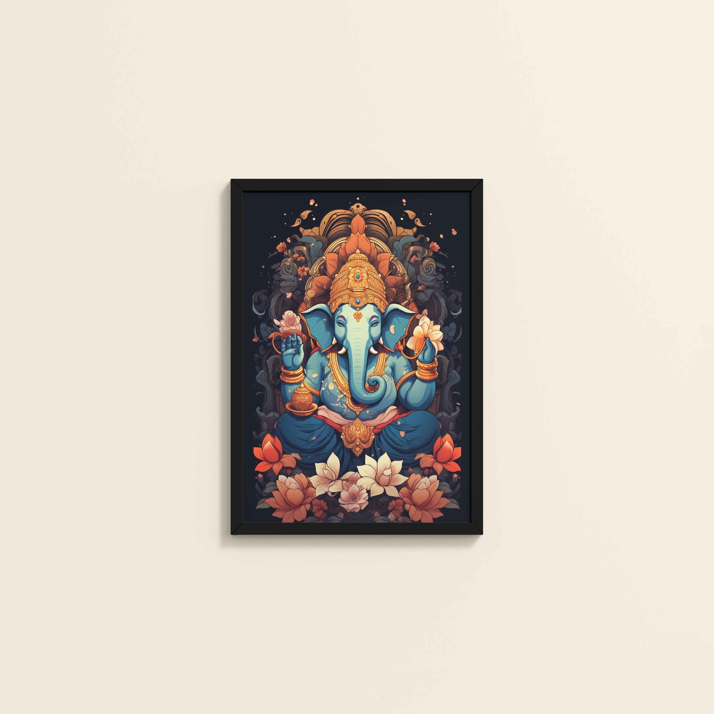 Wall View of Vighnaharta Lord Ganesha Wall Frame – Spiritual Decor in Black Color Frame