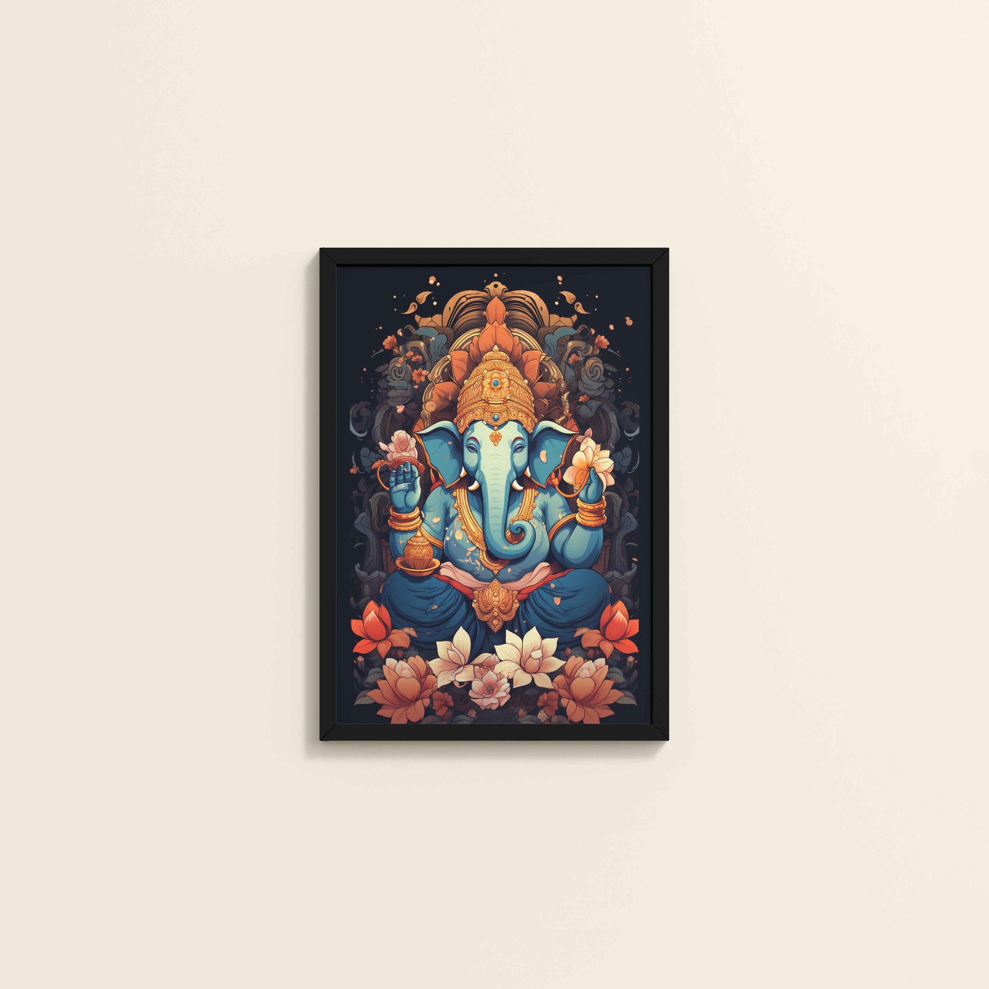 Wall View of Vighnaharta Lord Ganesha Wall Frame – Spiritual Decor in Black Color Frame