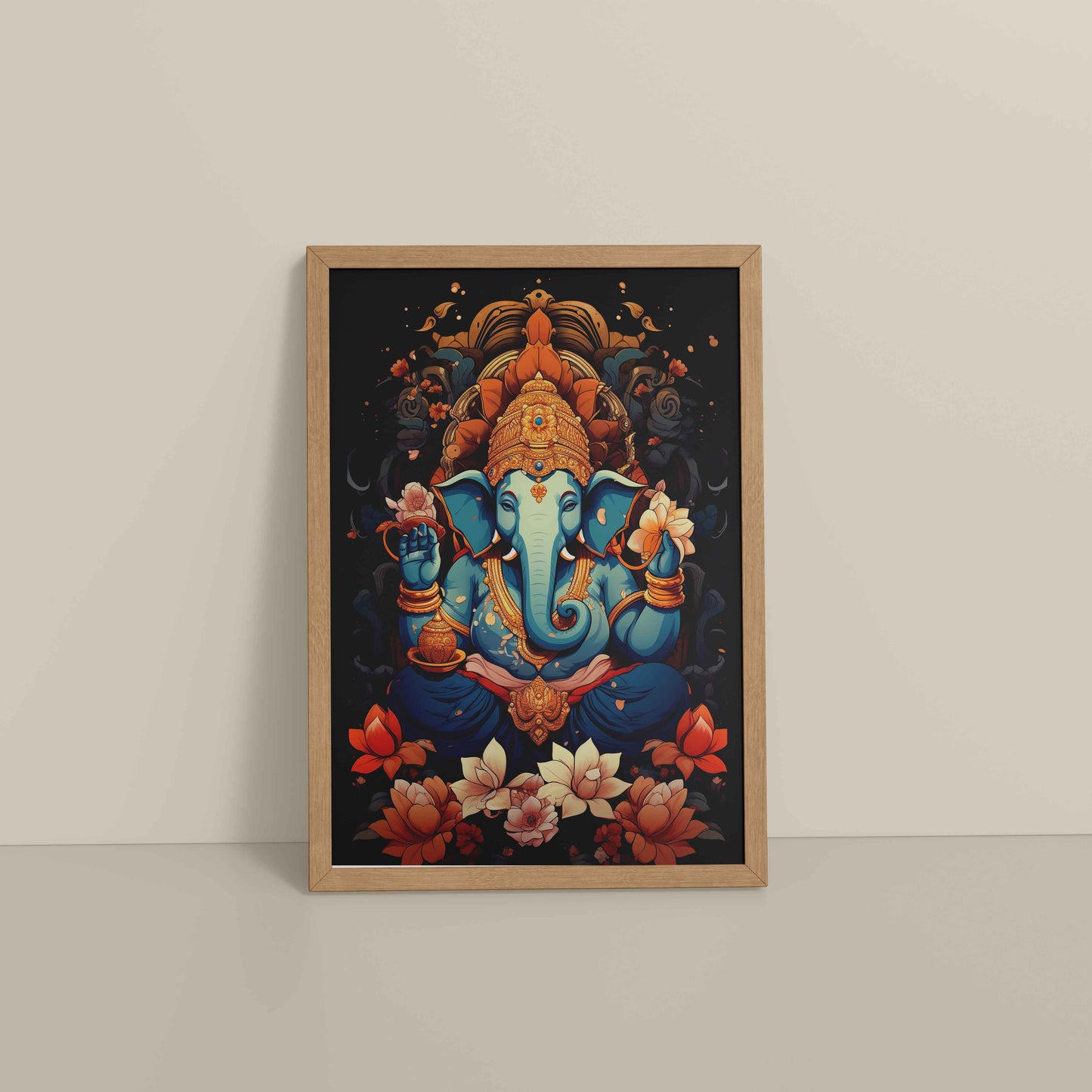 Floor View of Vighnaharta Lord Ganesha Wall Frame – Spiritual Decor in Natrual Color Frame