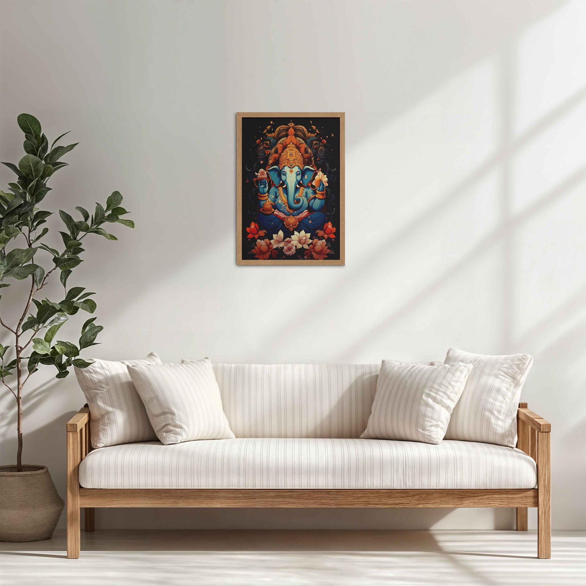 Living Room Cabinet Table Preview of Vighnaharta Lord Ganesha Wall Frame – Spiritual Decor in Natrual Color Frame