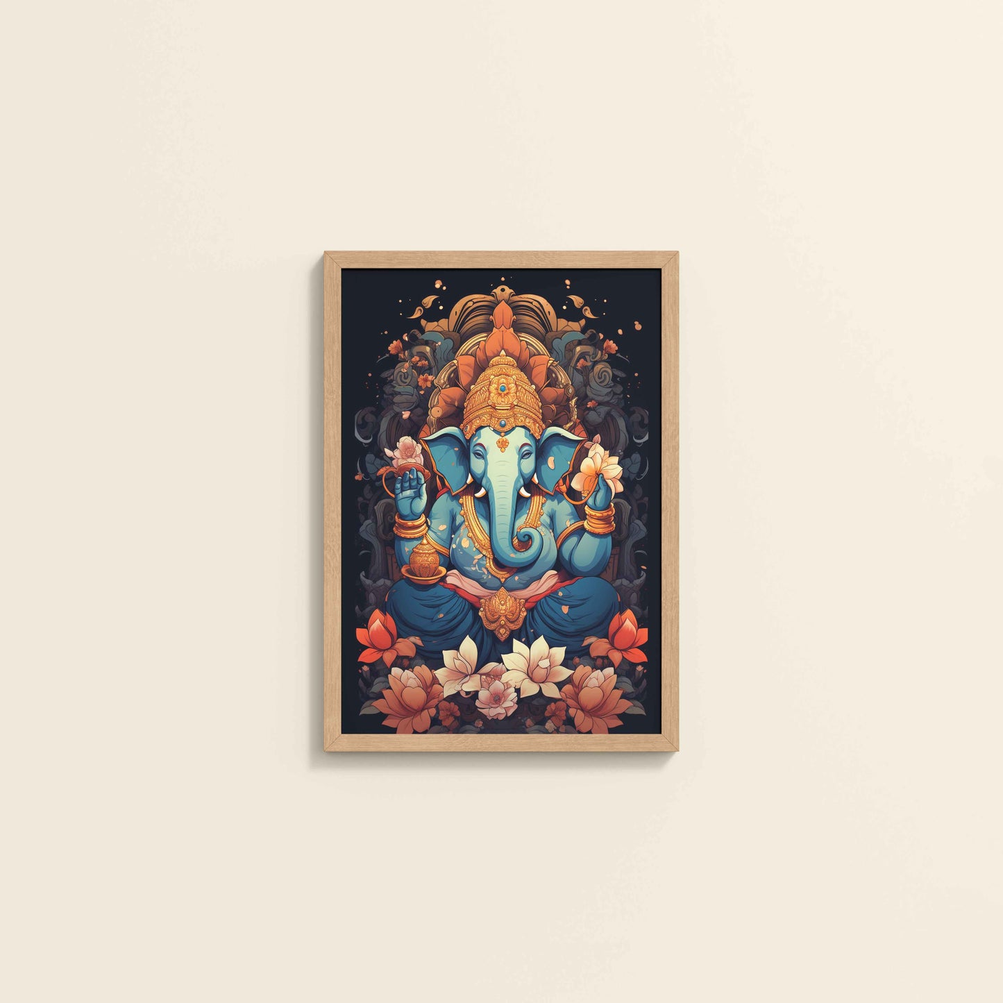 Wall View of Vighnaharta Lord Ganesha Wall Frame – Spiritual Decor in Natrual Color Frame