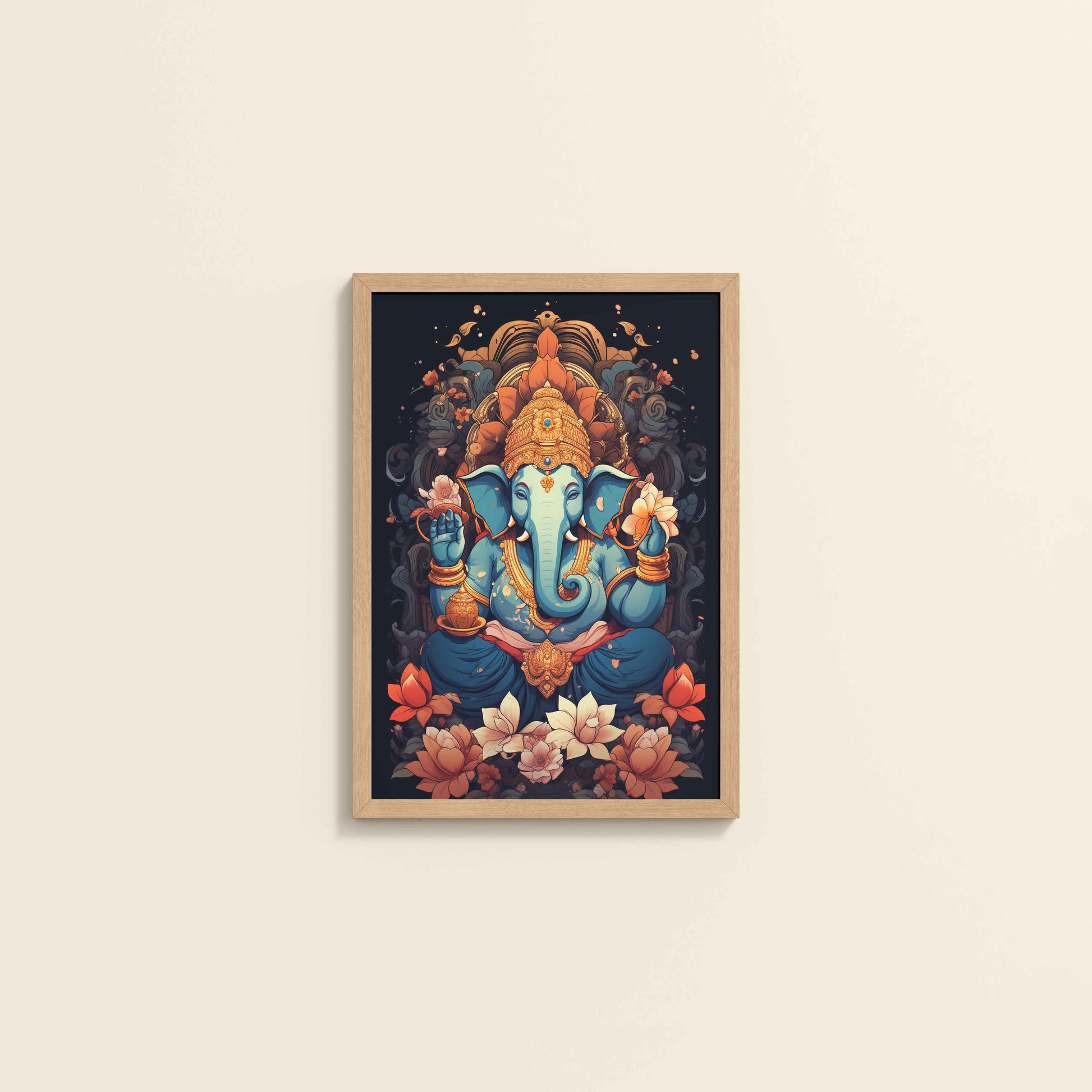 Wall View of Vighnaharta Lord Ganesha Wall Frame – Spiritual Decor in Natrual Color Frame