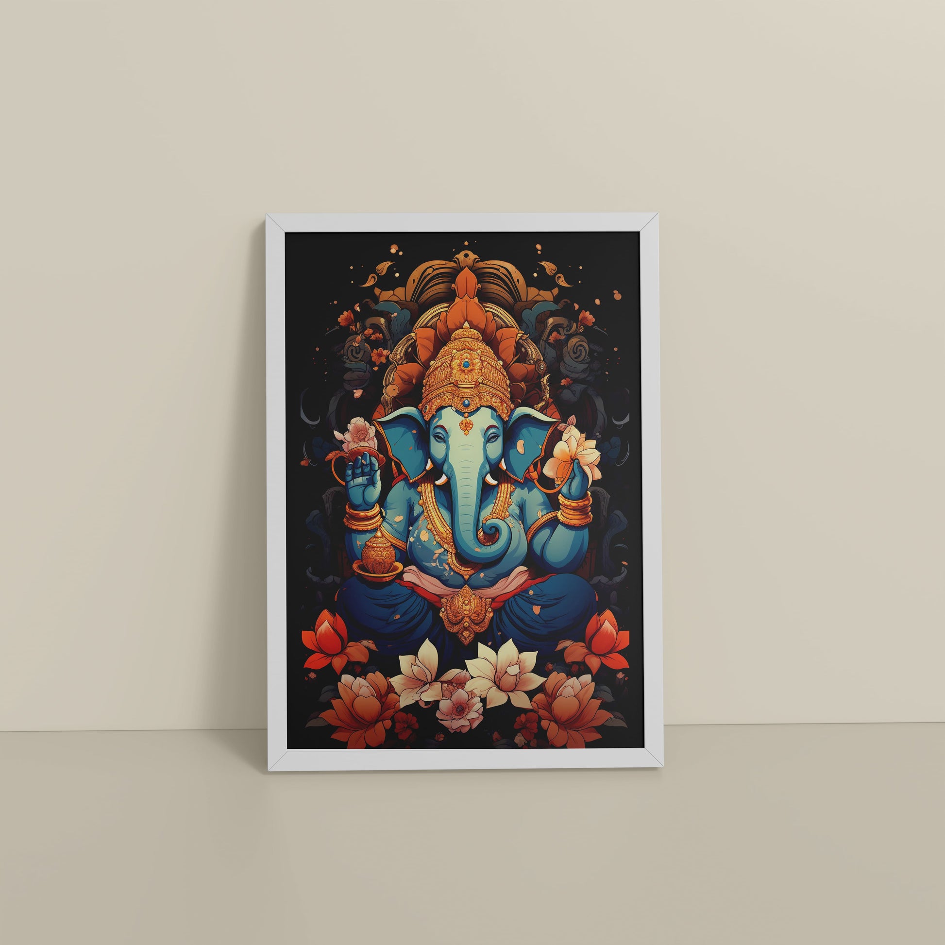 Floor View of Vighnaharta Lord Ganesha Wall Frame – Spiritual Decor in White Color Frame