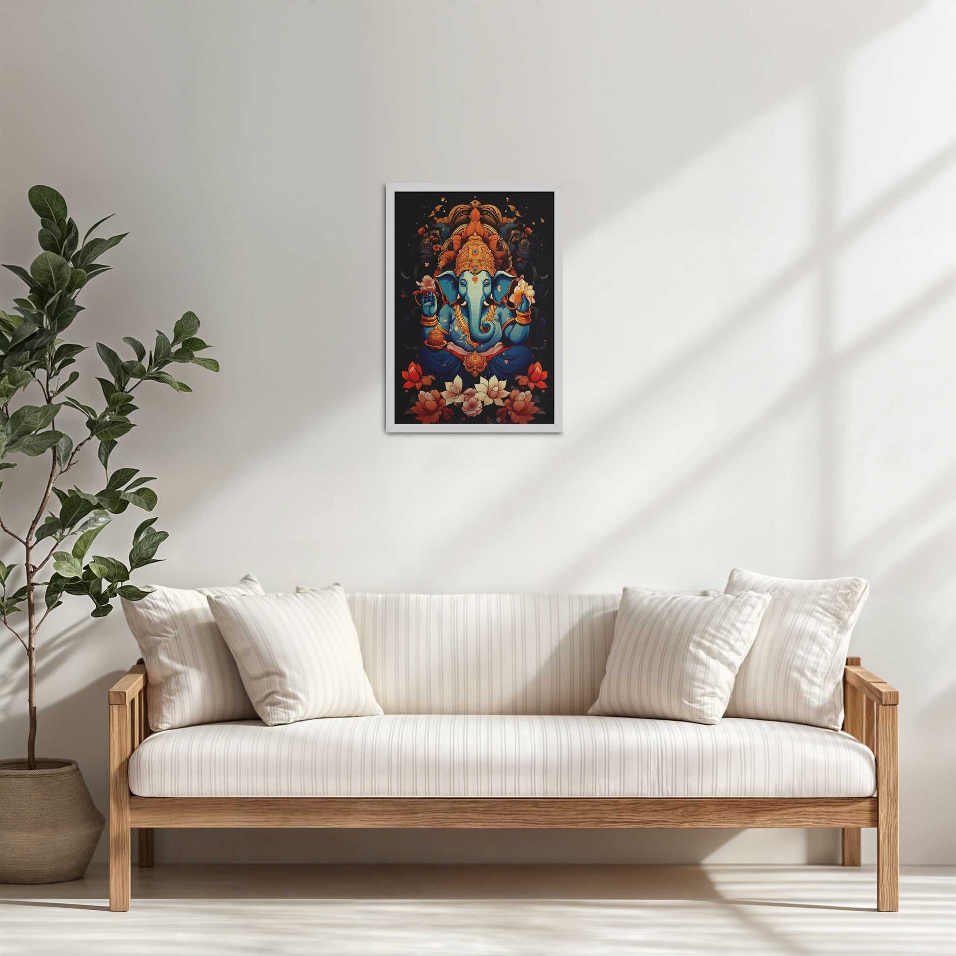 Living Room Cabinet Table Preview of Vighnaharta Lord Ganesha Wall Frame – Spiritual Decor in White Color Frame