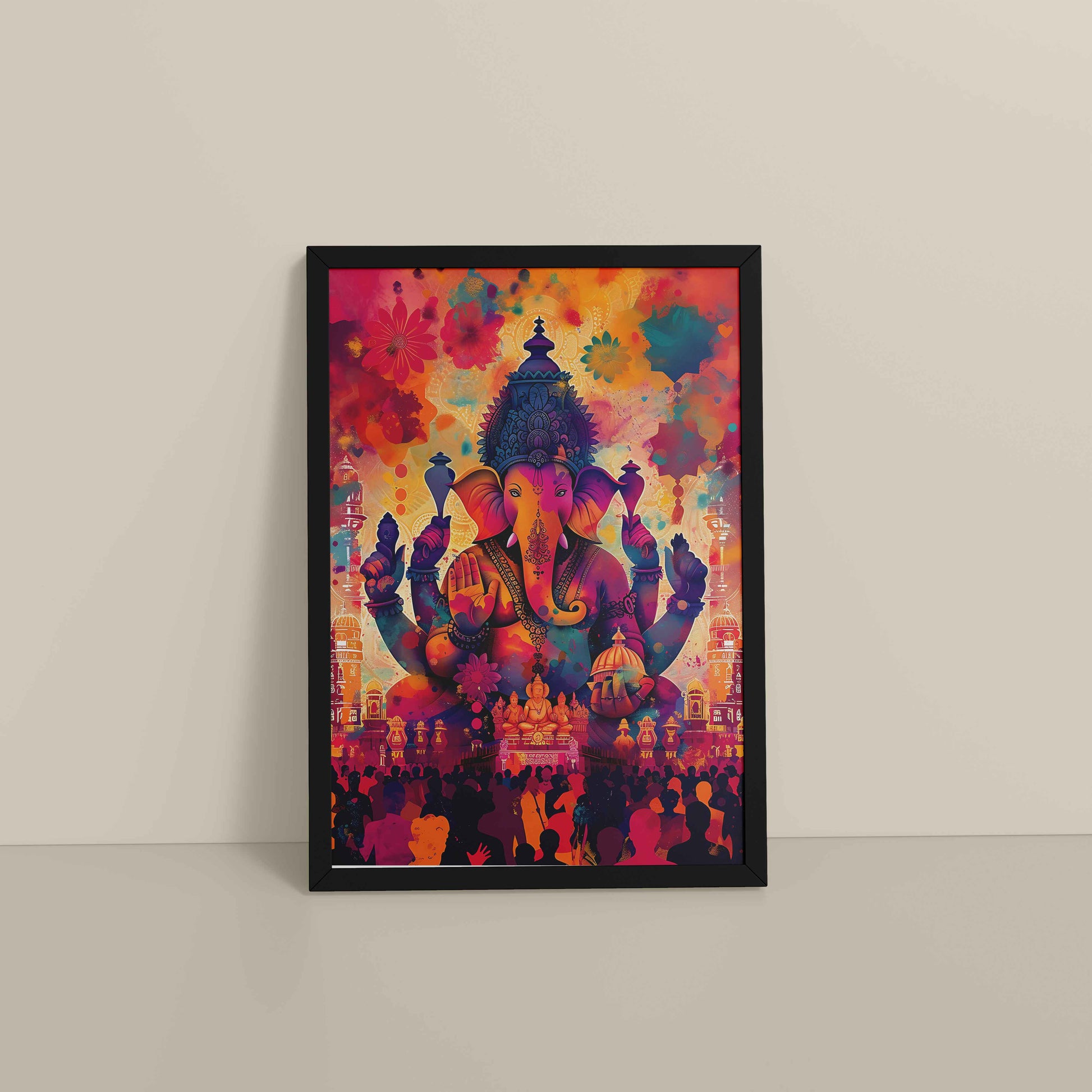 Floor View of Blessings of Lord Ganesha – Colourful Wall Decor & Art in Black Color Frame