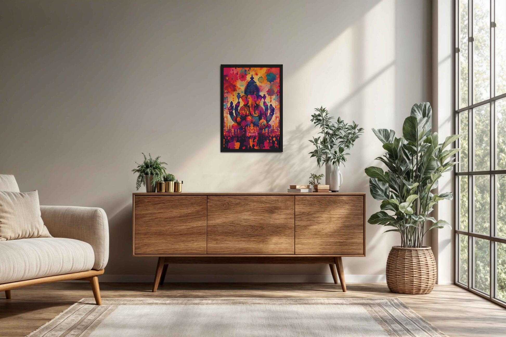 Living Room Cabinet Preview of Blessings of Lord Ganesha – Colourful Wall Decor & Art in Black Color Frame