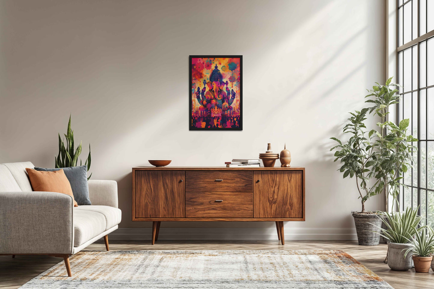 Living Room Sofa Preview of Blessings of Lord Ganesha – Colourful Wall Decor & Art in Black Color Frame