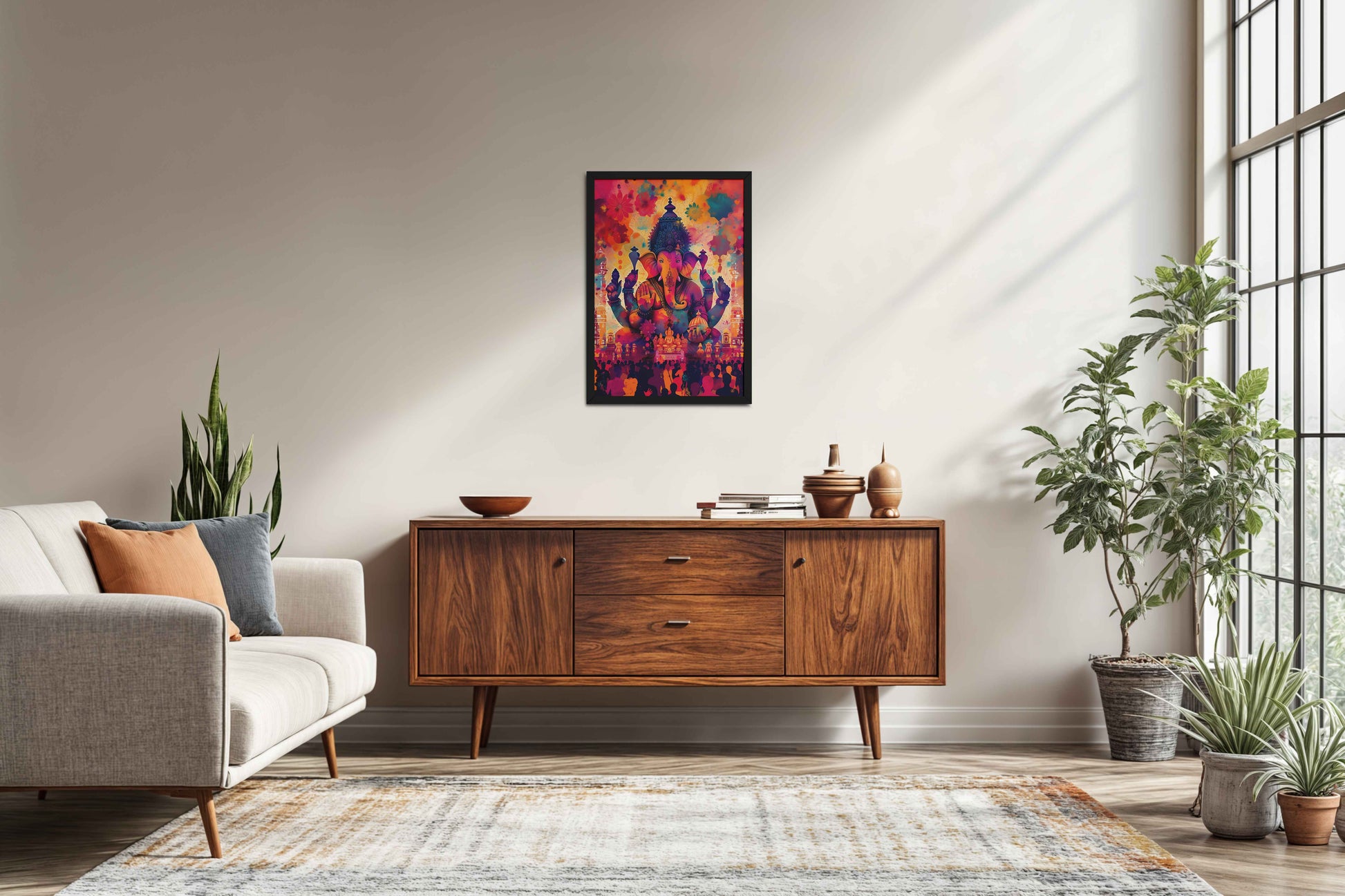 Living Room Sofa Preview of Blessings of Lord Ganesha – Colourful Wall Decor & Art in Black Color Frame