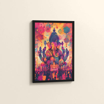 Side View of Blessings of Lord Ganesha – Colourful Wall Decor & Art in Black Color Frame