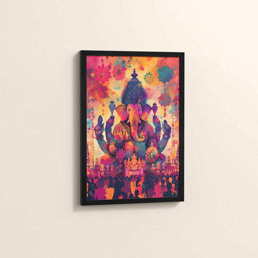 Side View of Blessings of Lord Ganesha – Colourful Wall Decor & Art in Black Color Frame