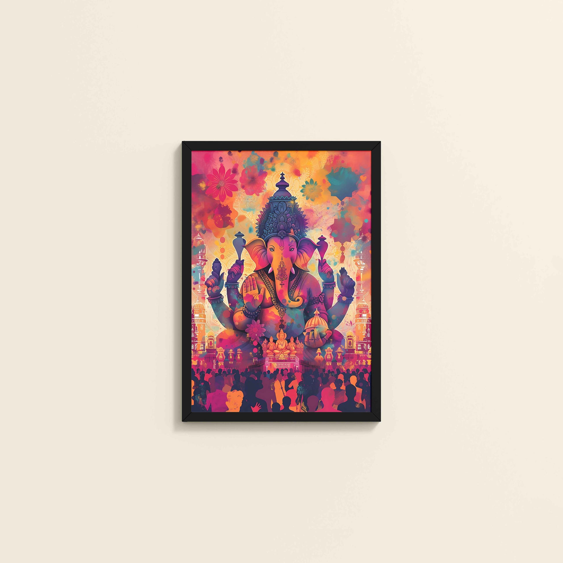Wall View of Blessings of Lord Ganesha – Colourful Wall Decor & Art in Black Color Frame