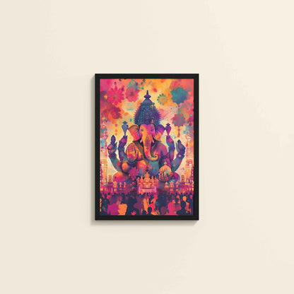 Wall View of Blessings of Lord Ganesha – Colourful Wall Decor & Art in Black Color Frame