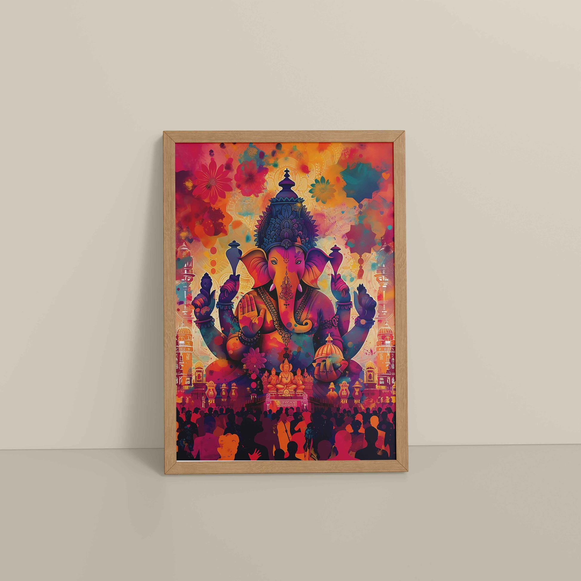 Floor View of Blessings of Lord Ganesha – Colourful Wall Decor & Art in Natrual Color Frame