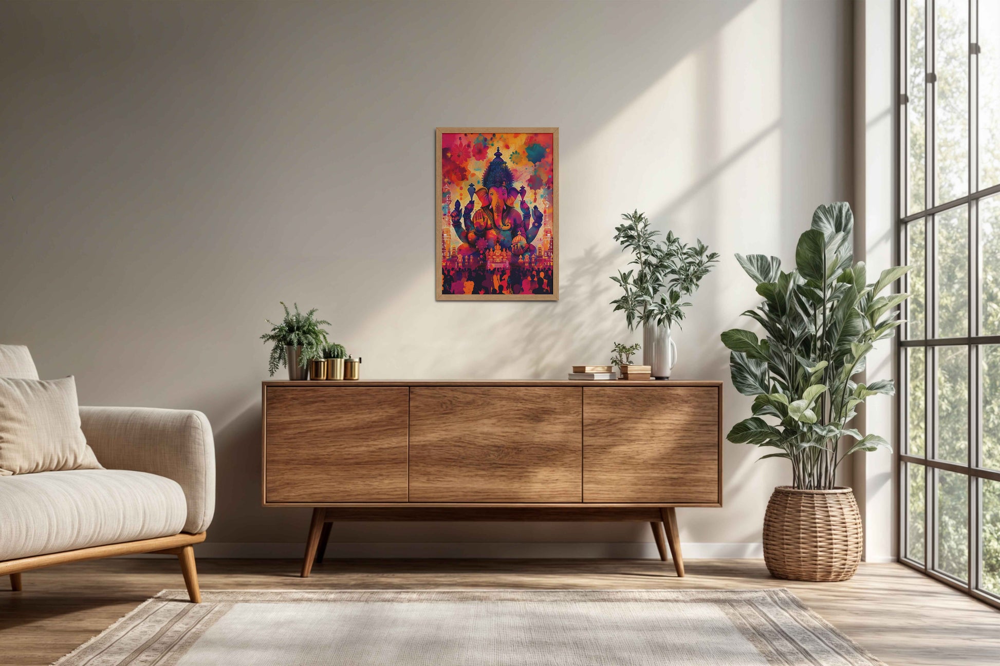 Living Room Cabinet Preview of Blessings of Lord Ganesha – Colourful Wall Decor & Art in Natrual Color Frame