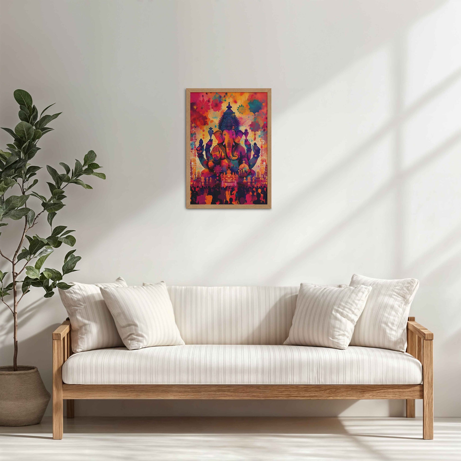 Living Room Cabinet Table Preview of Blessings of Lord Ganesha – Colourful Wall Decor & Art in Natrual Color Frame
