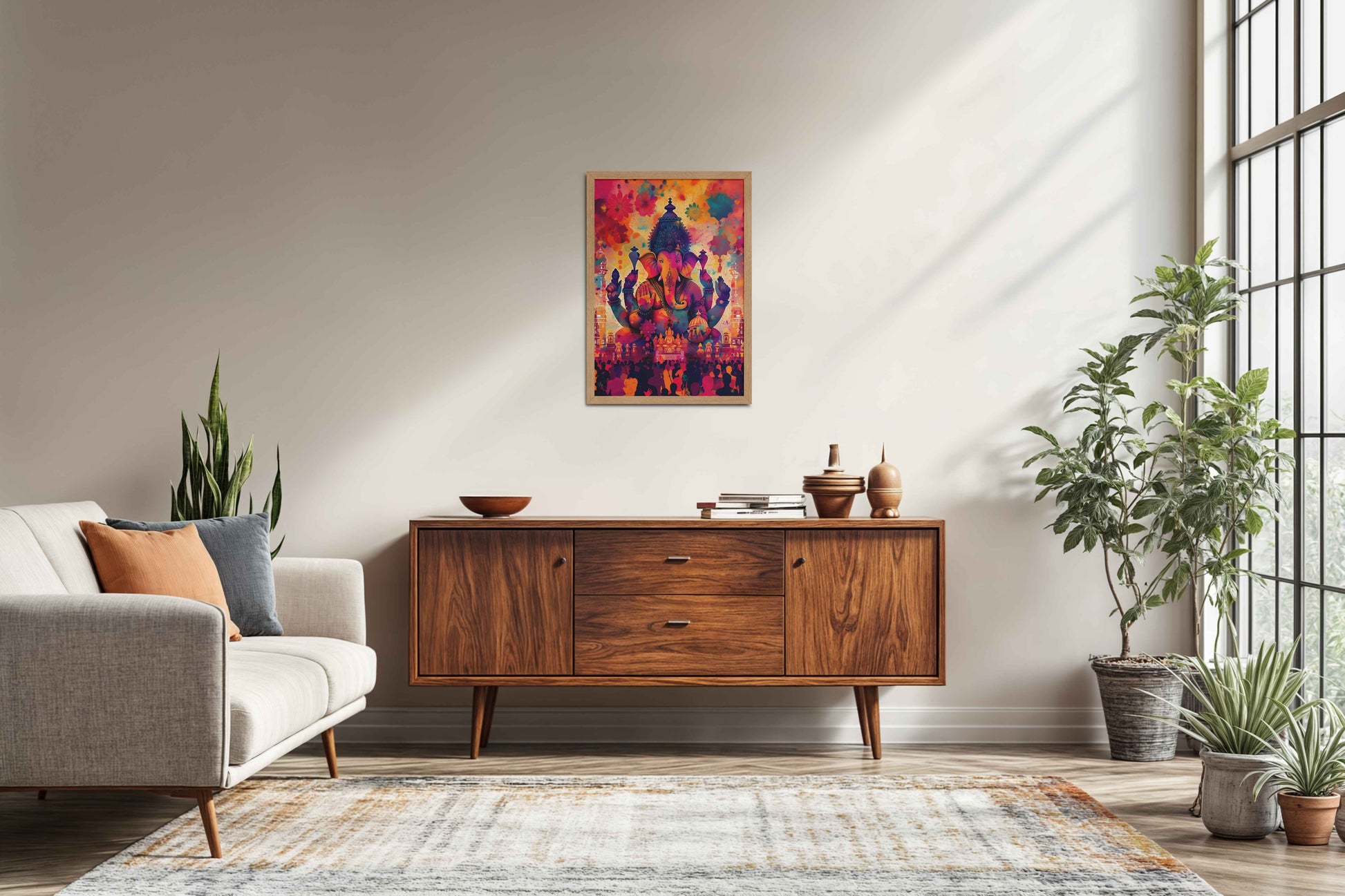 Living Room Sofa Preview of Blessings of Lord Ganesha – Colourful Wall Decor & Art in Natrual Color Frame