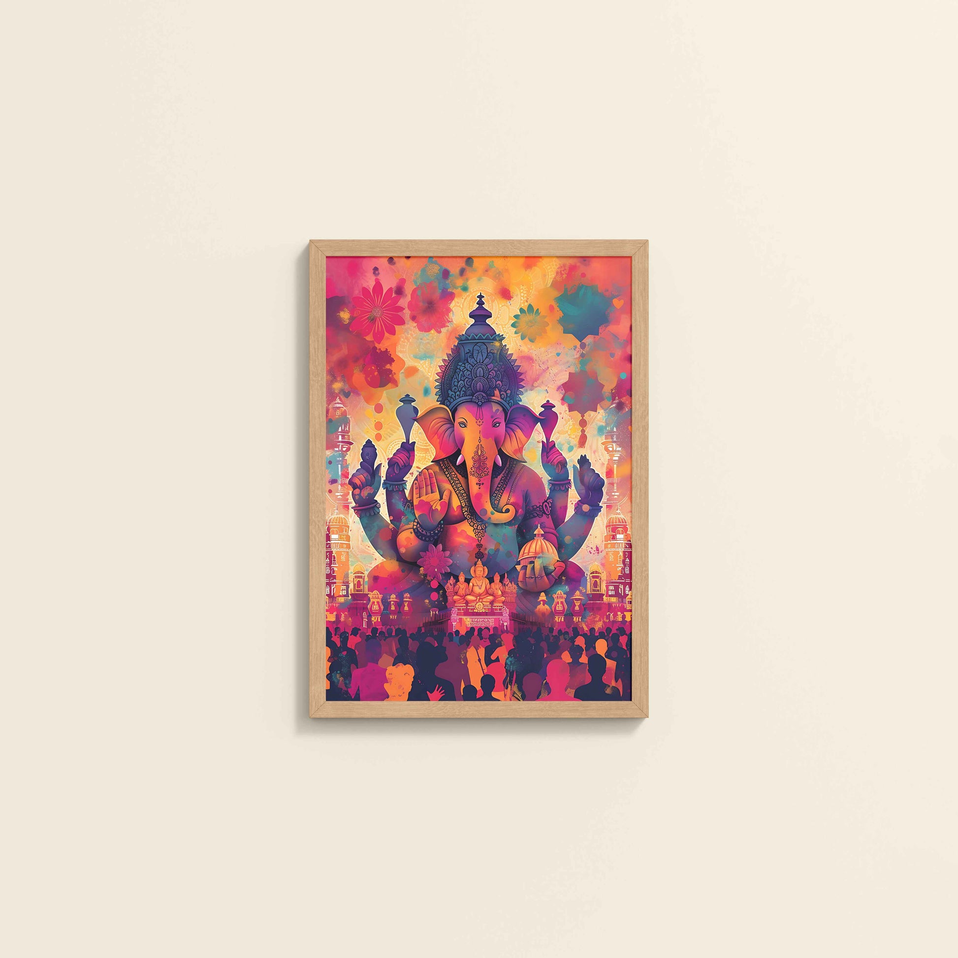 Wall View of Blessings of Lord Ganesha – Colourful Wall Decor & Art in Natrual Color Frame