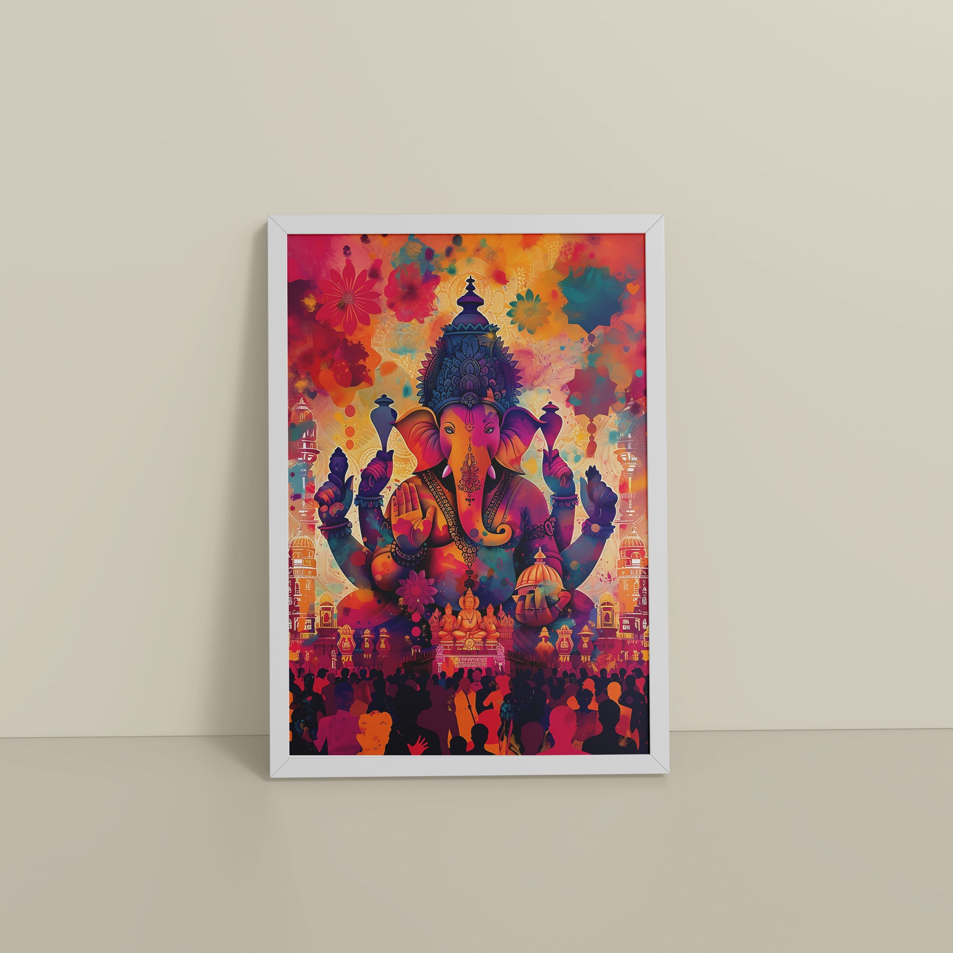 Floor View of Blessings of Lord Ganesha – Colourful Wall Decor & Art in White Color Frame