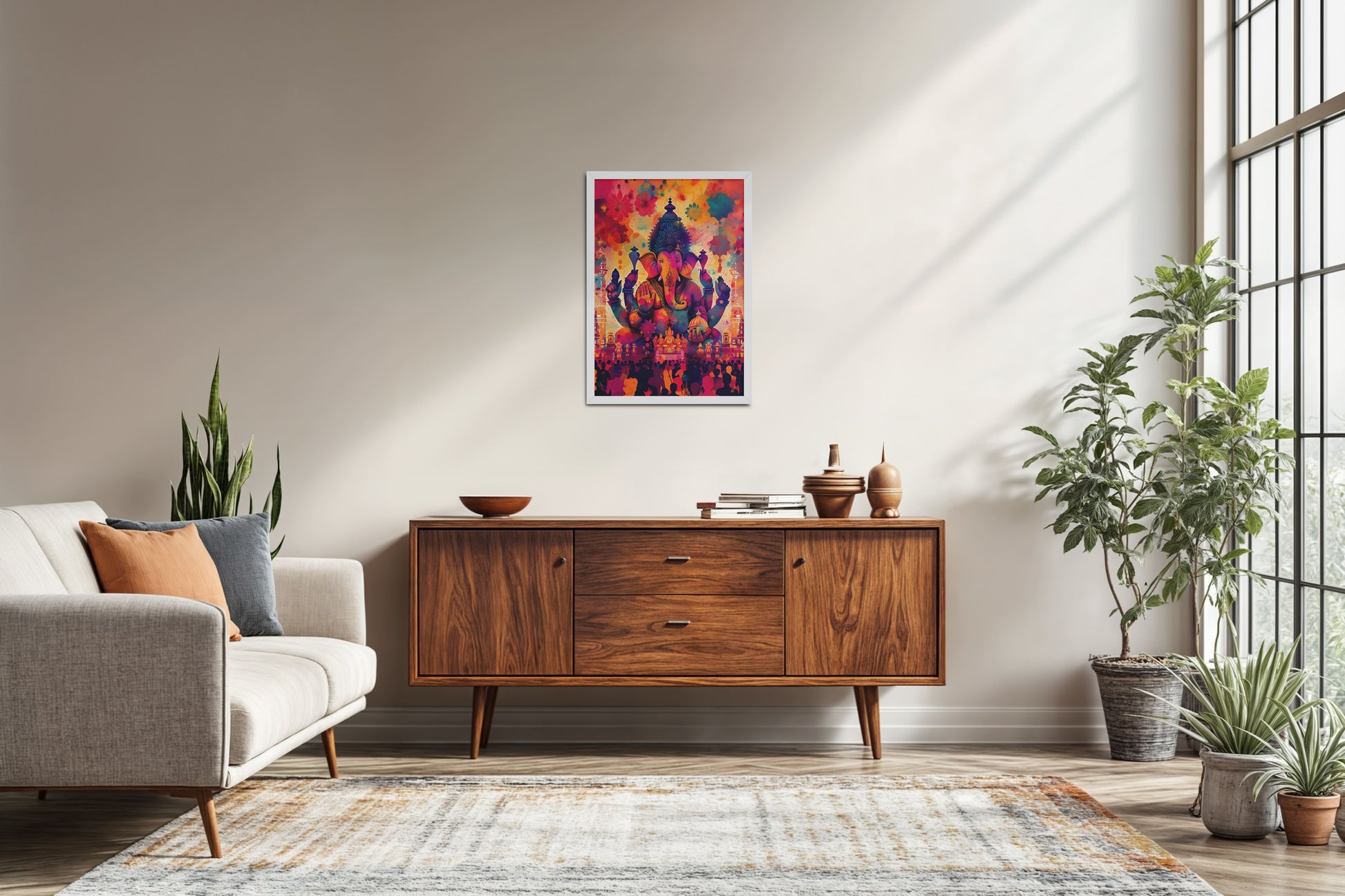 Living Room Sofa Preview of Blessings of Lord Ganesha – Colourful Wall Decor & Art in White Color Frame