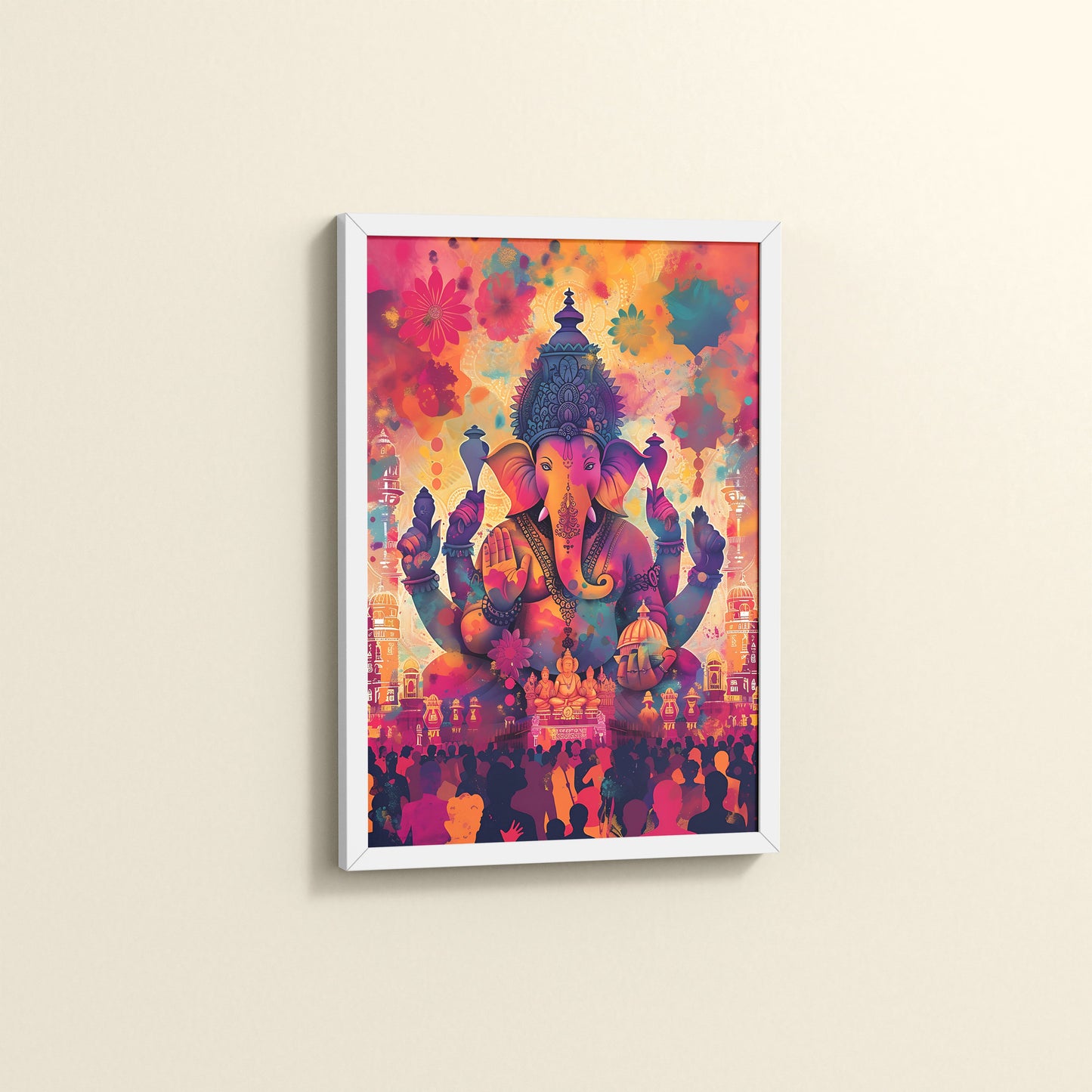 Side View of Blessings of Lord Ganesha – Colourful Wall Decor & Art in White Color Frame