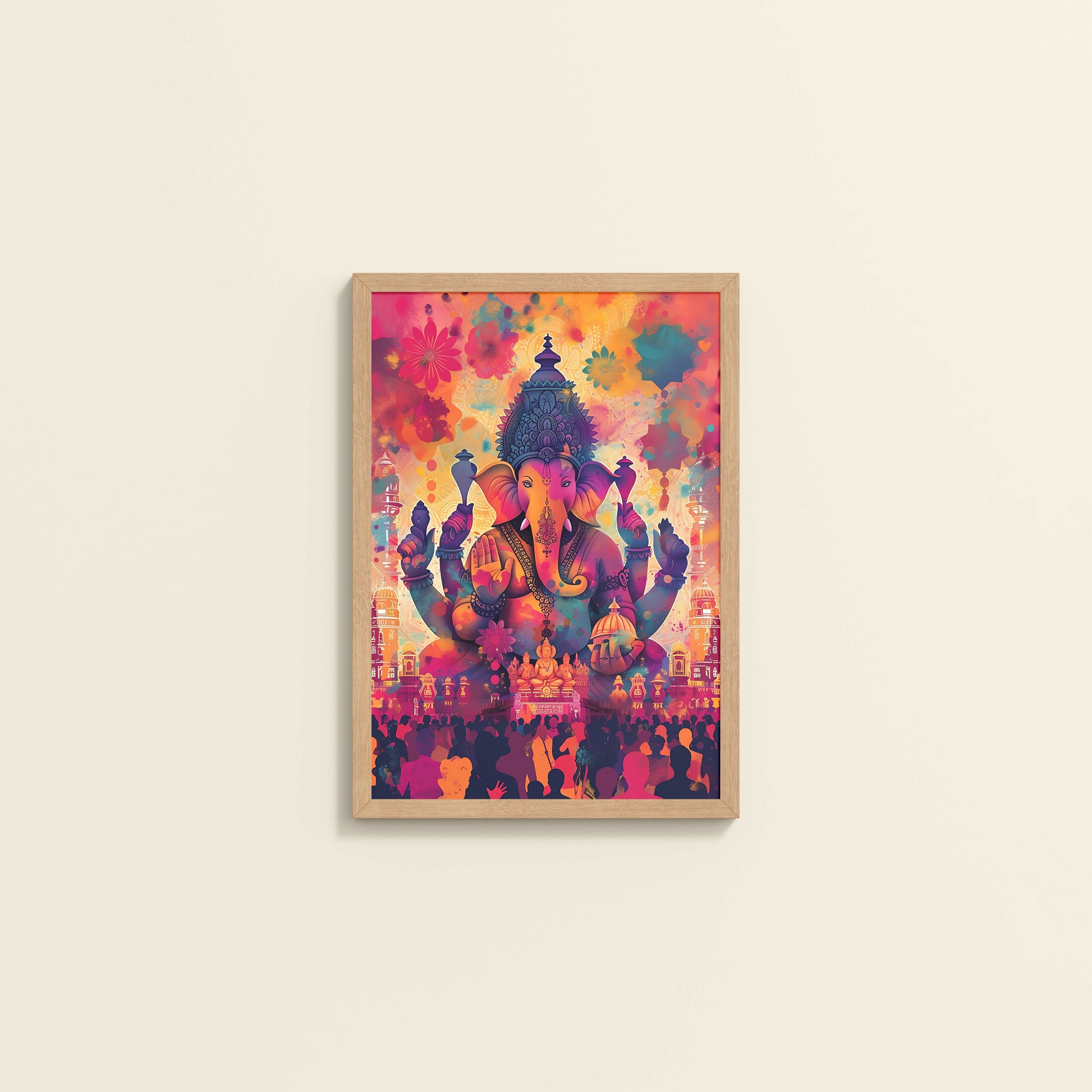 Wall View of Blessings of Lord Ganesha – Colourful Wall Decor & Art in White Color Frame