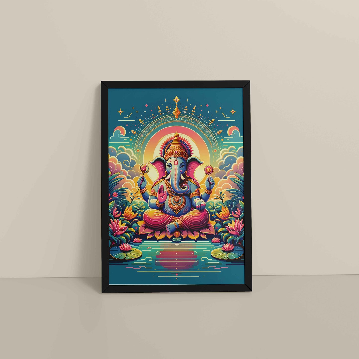 Floor View of Colorful Lord Ganesha Wall Frame – A Symbol of Peace & Positivity in Black Color Frame