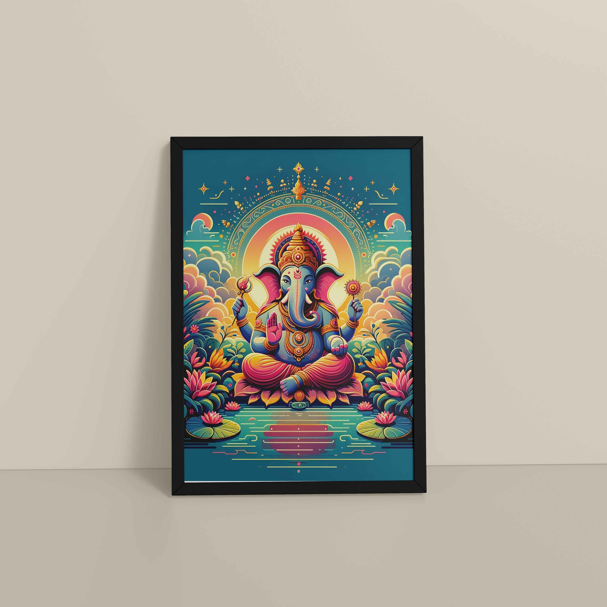 Floor View of Colorful Lord Ganesha Wall Frame – A Symbol of Peace & Positivity in Black Color Frame