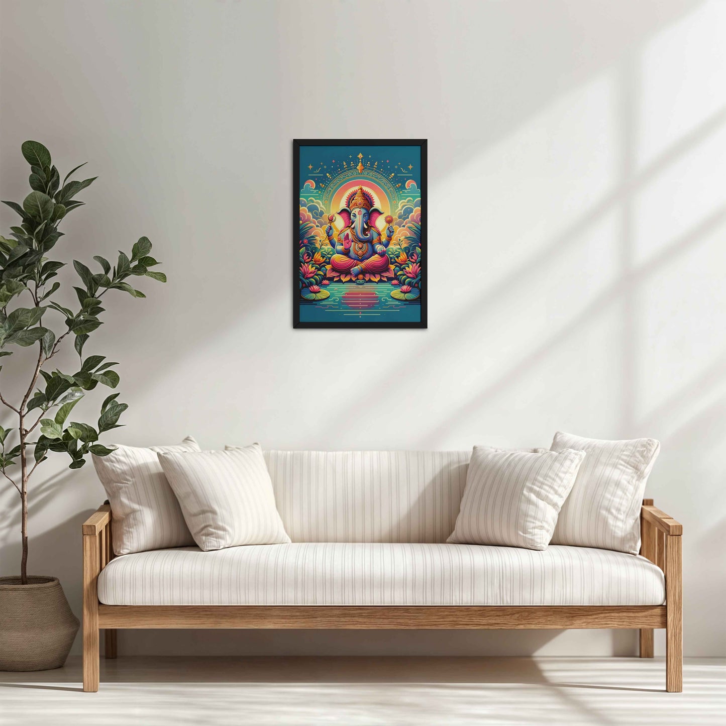 Living Room Cabinet Table Preview of Colorful Lord Ganesha Wall Frame – A Symbol of Peace & Positivity in Black Color Frame
