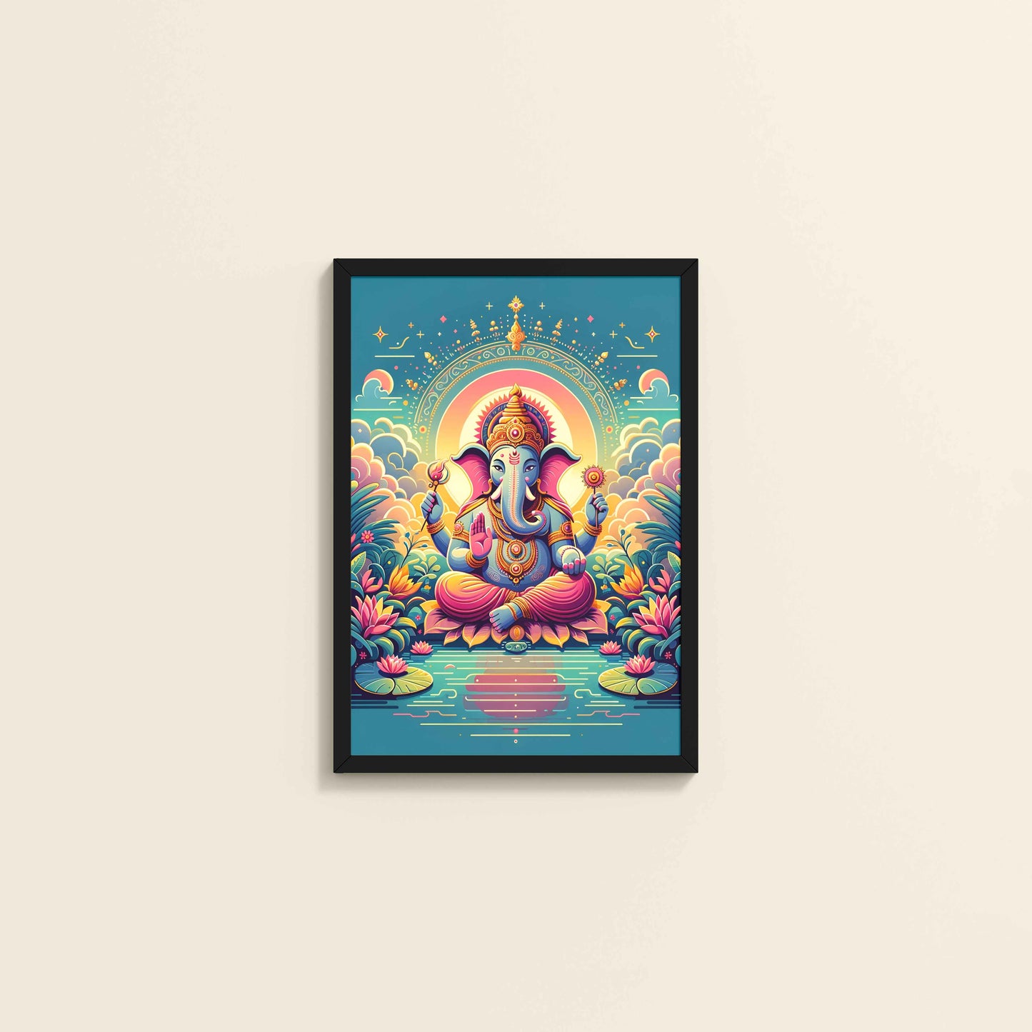 Wall View of Colorful Lord Ganesha Wall Frame – A Symbol of Peace & Positivity in Black Color Frame