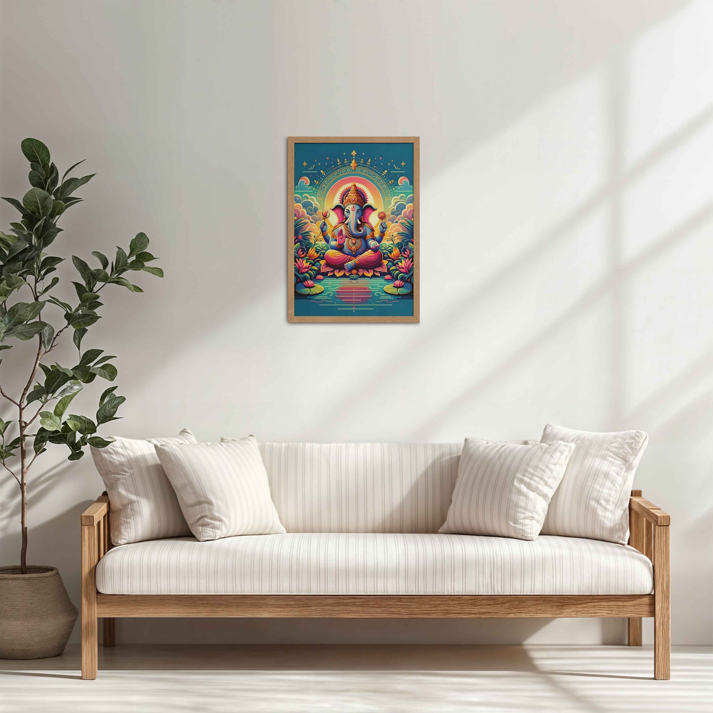 Living Room Cabinet Table Preview of Colorful Lord Ganesha Wall Frame – A Symbol of Peace & Positivity in Natrual Color Frame