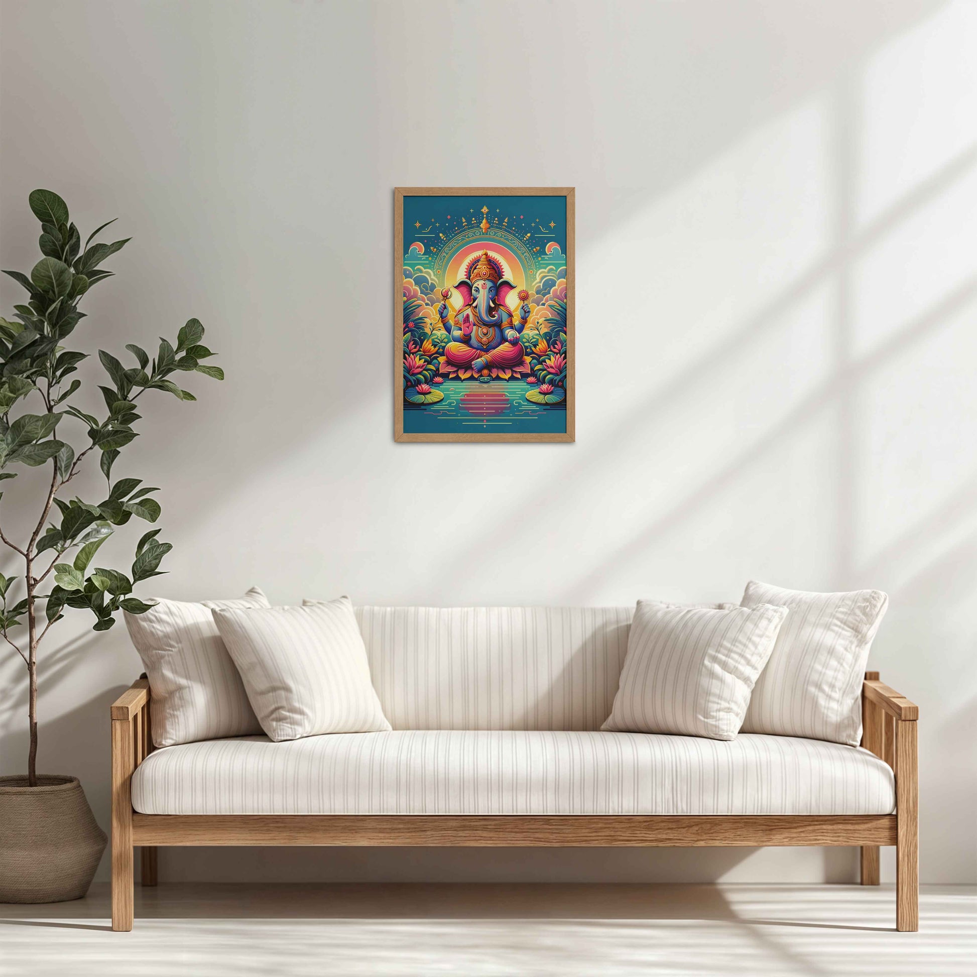 Living Room Cabinet Table Preview of Colorful Lord Ganesha Wall Frame – A Symbol of Peace & Positivity in Natrual Color Frame