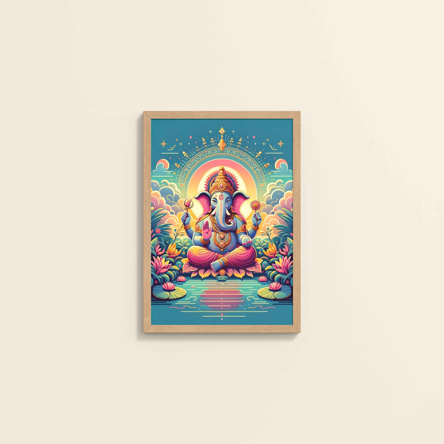 Wall View of Colorful Lord Ganesha Wall Frame – A Symbol of Peace & Positivity in Natrual Color Frame