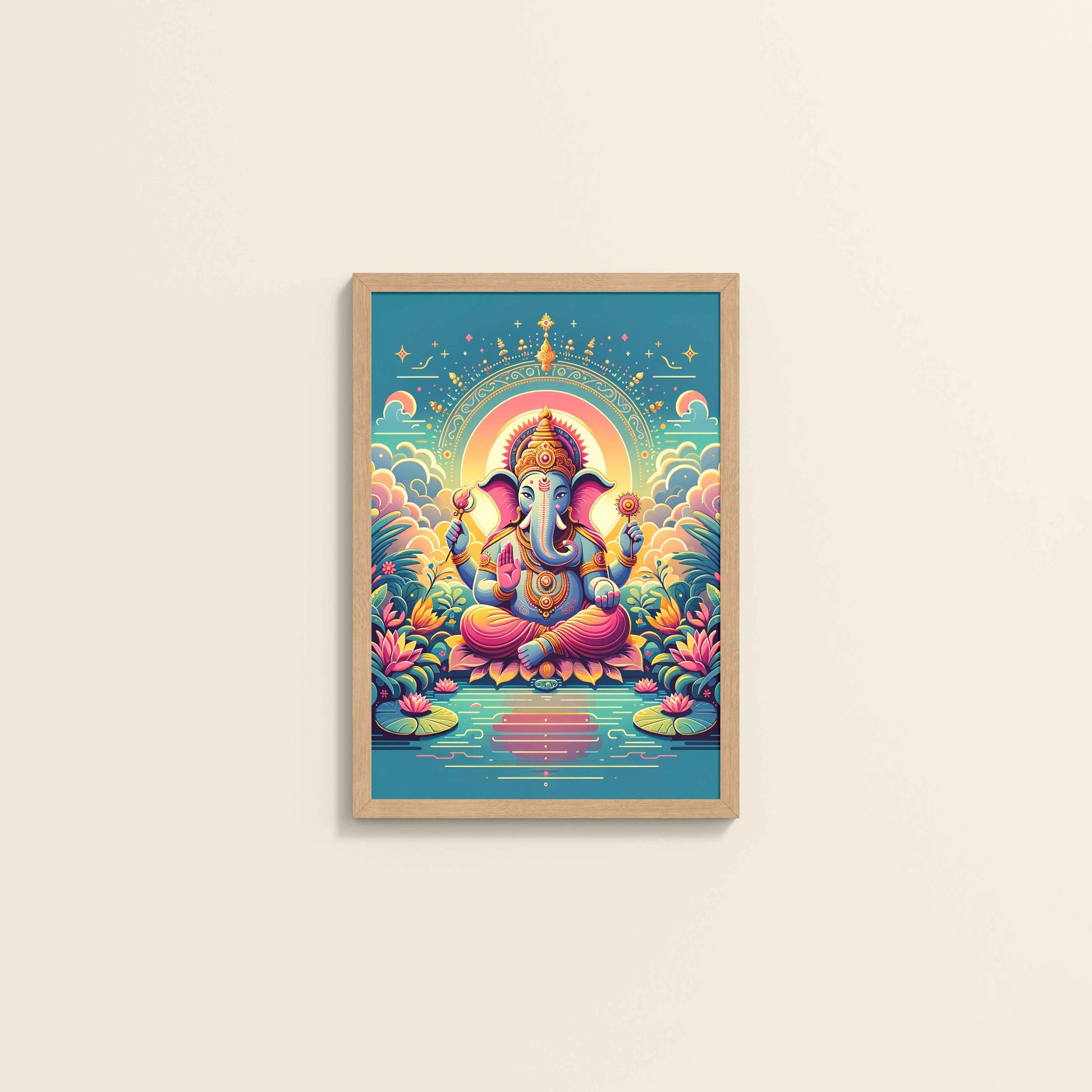 Wall View of Colorful Lord Ganesha Wall Frame – A Symbol of Peace & Positivity in Natrual Color Frame