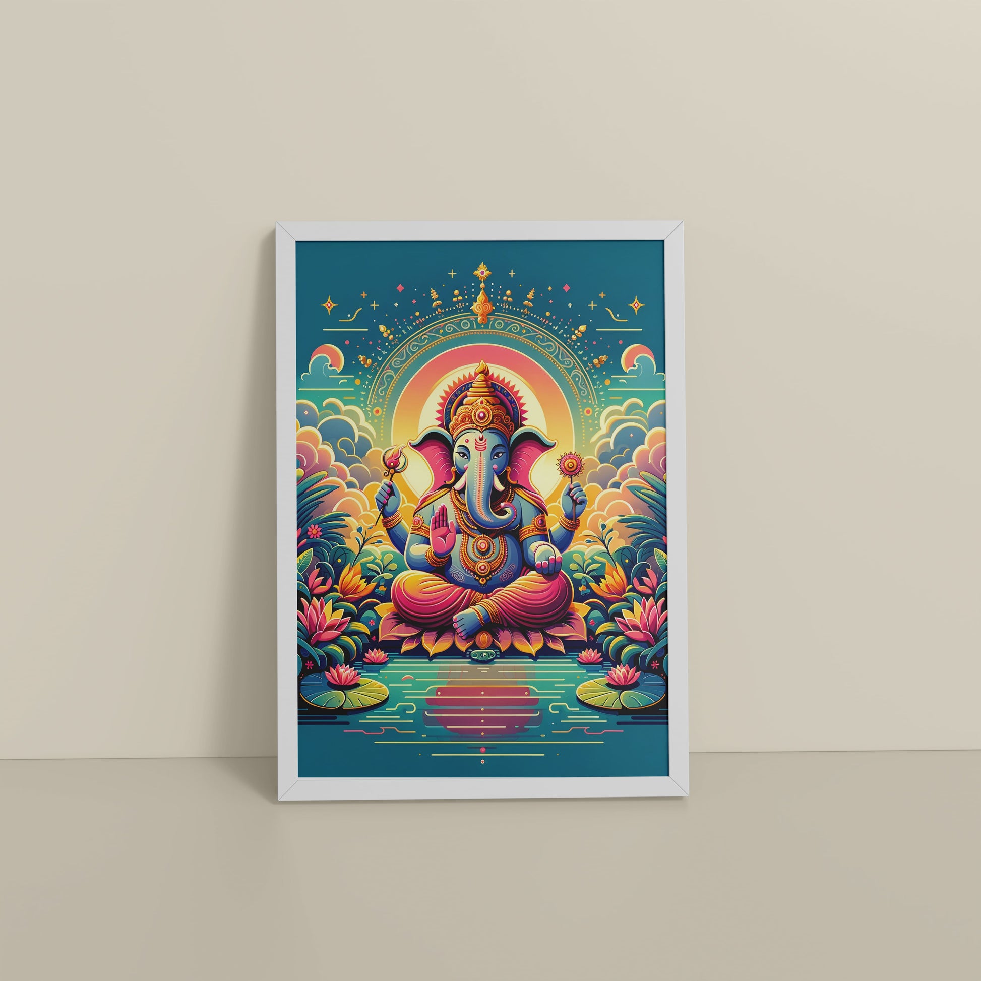 Floor View of Colorful Lord Ganesha Wall Frame – A Symbol of Peace & Positivity in White Color Frame