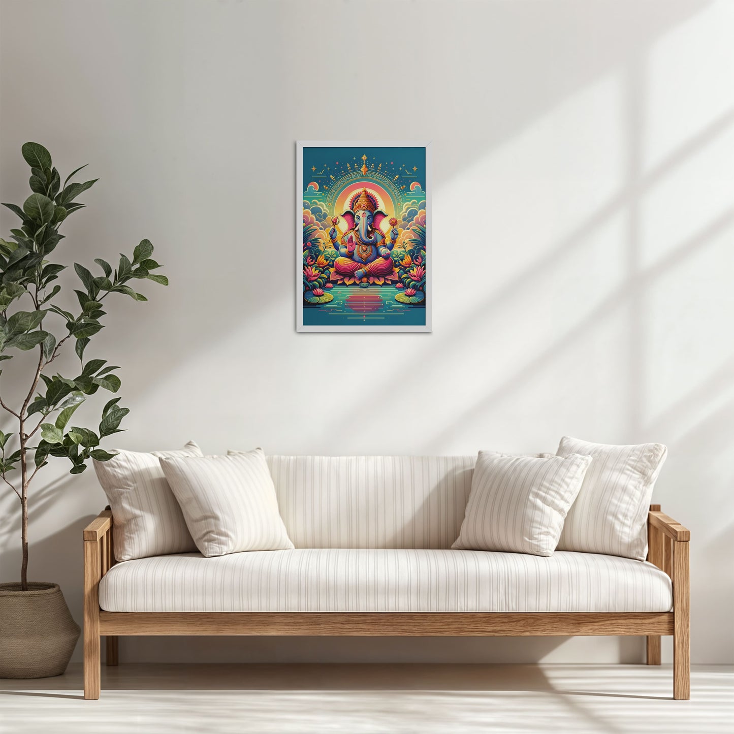 Living Room Cabinet Table Preview of Colorful Lord Ganesha Wall Frame – A Symbol of Peace & Positivity in White Color Frame