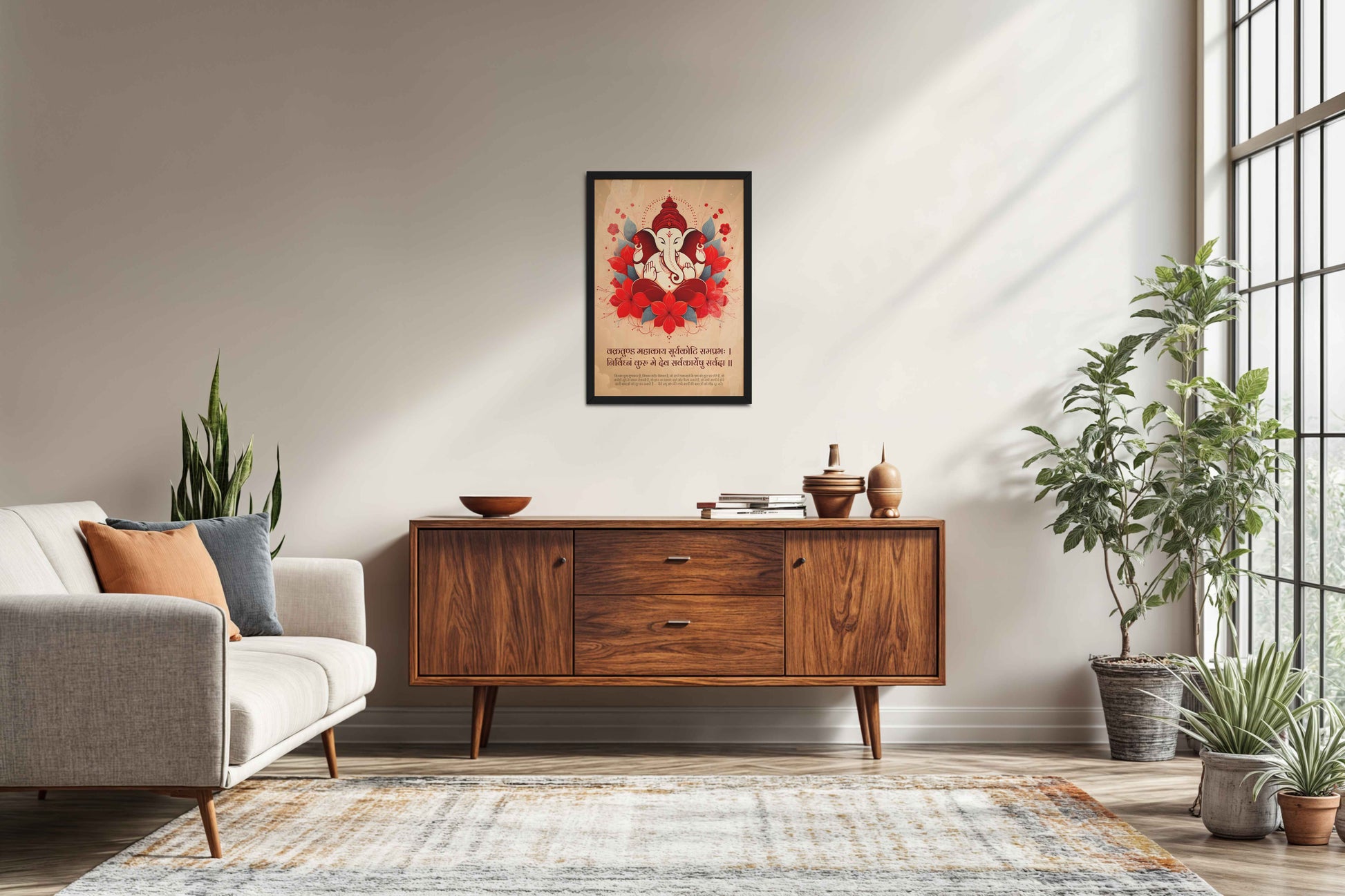 Living Room Sofa Preview of Sacred Lord Ganesha Wall Frame & Wall Art with Vakratunda Mantra in Black Color Frame
