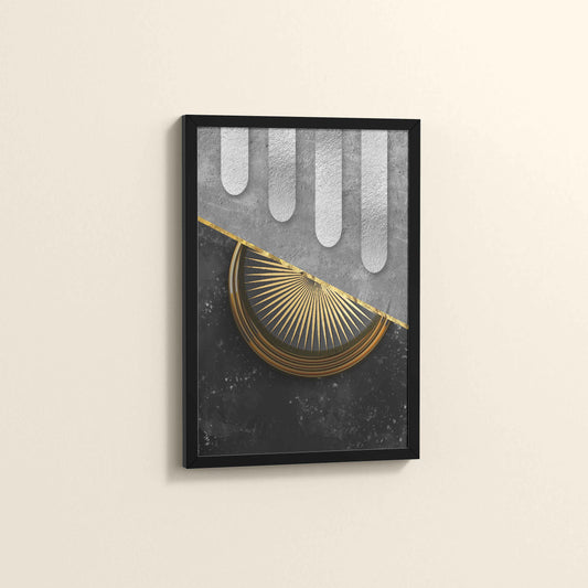 Side View of Vertical Glam – Minimalist Black & Gold Nordic Geometric Art in Black Color Frame