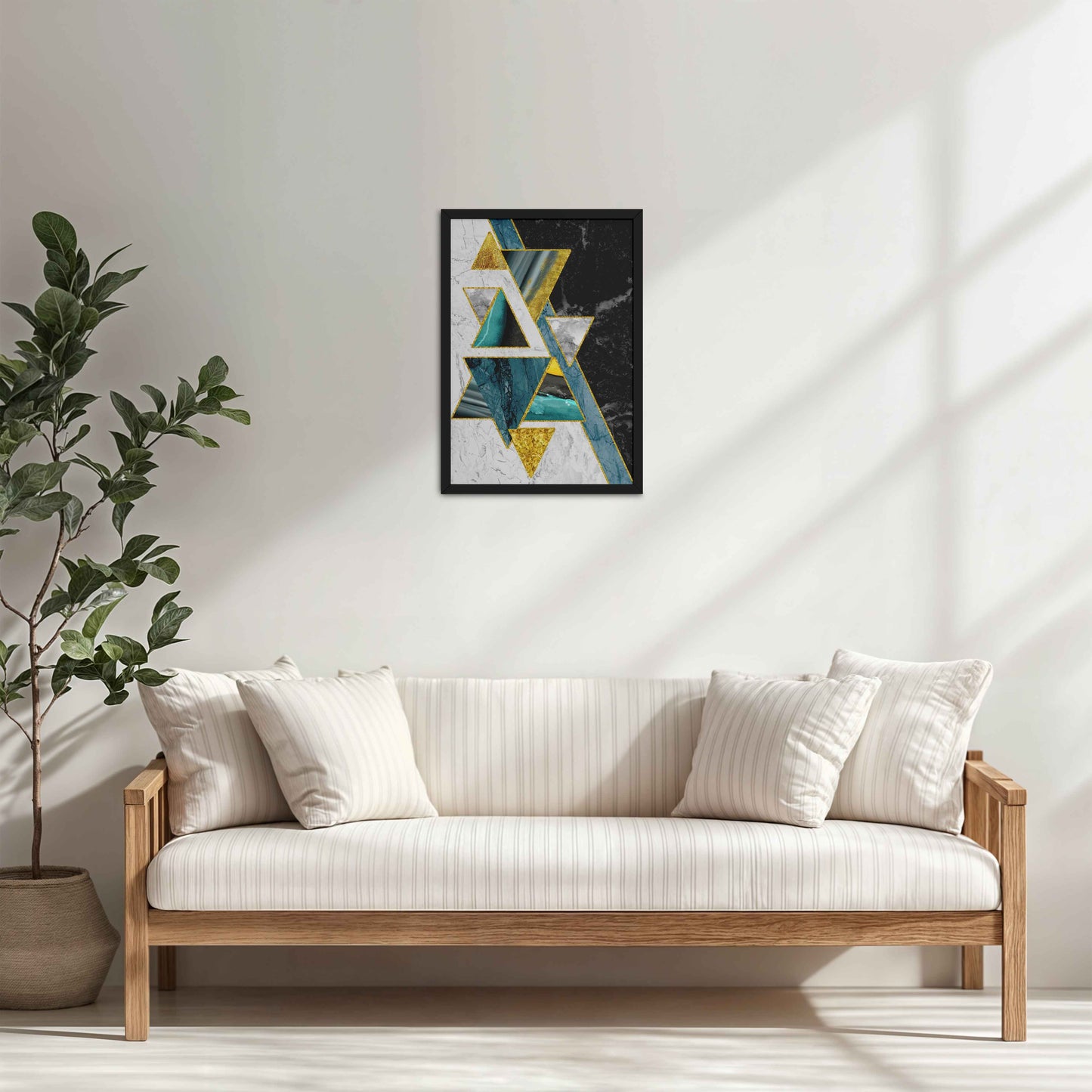 Living Room Cabinet Table Preview of Geometric Triangle Art – Modern Wall Decor in Black Color Frame