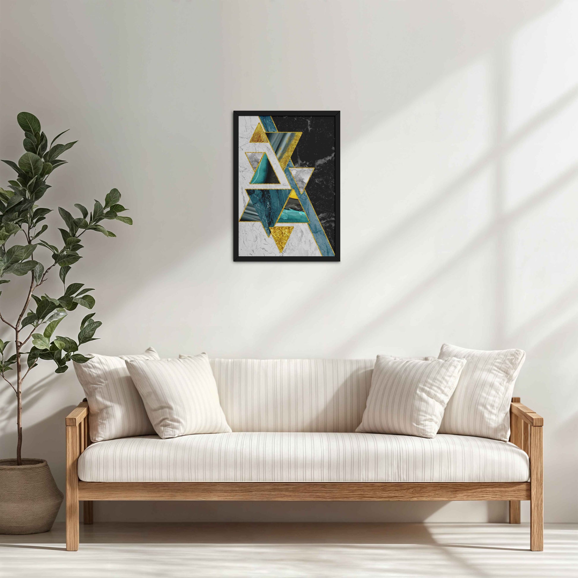Living Room Cabinet Table Preview of Geometric Triangle Art – Modern Wall Decor in Black Color Frame