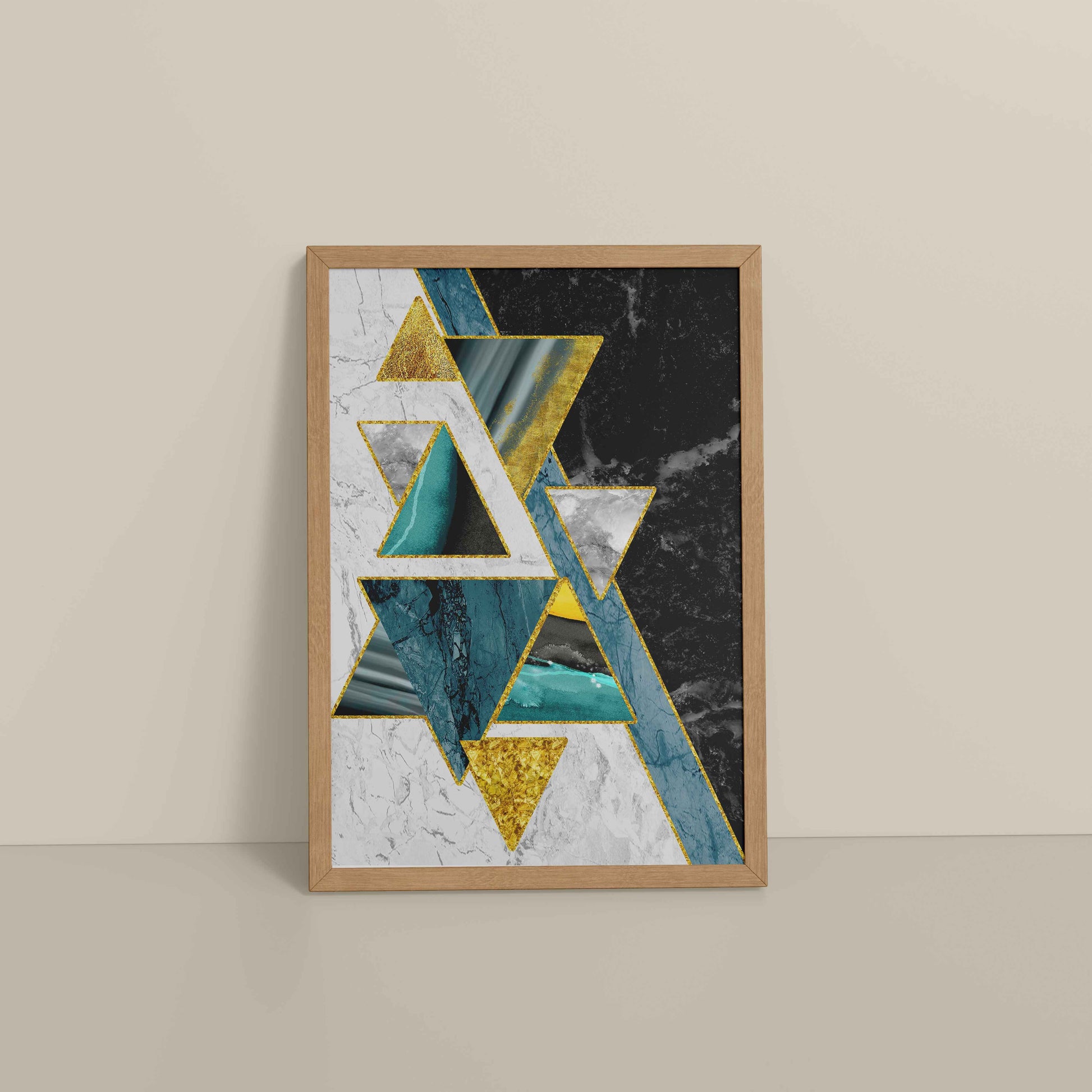 Floor View of Geometric Triangle Art – Modern Wall Decor in Natrual Color Frame